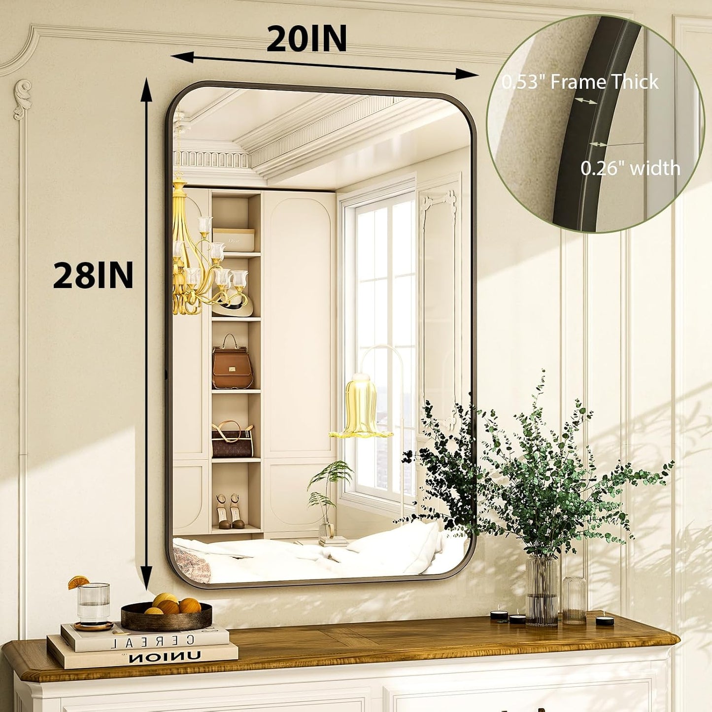 20 x 28 Inch Bathroom Mirror, Rounded Rectangular Vanity Mirror for Wall, Modern Mirror for Room Decor, Black Framed Wall-Mounted Mirrors for Home Decor, Hangs Horizontally or Vertically