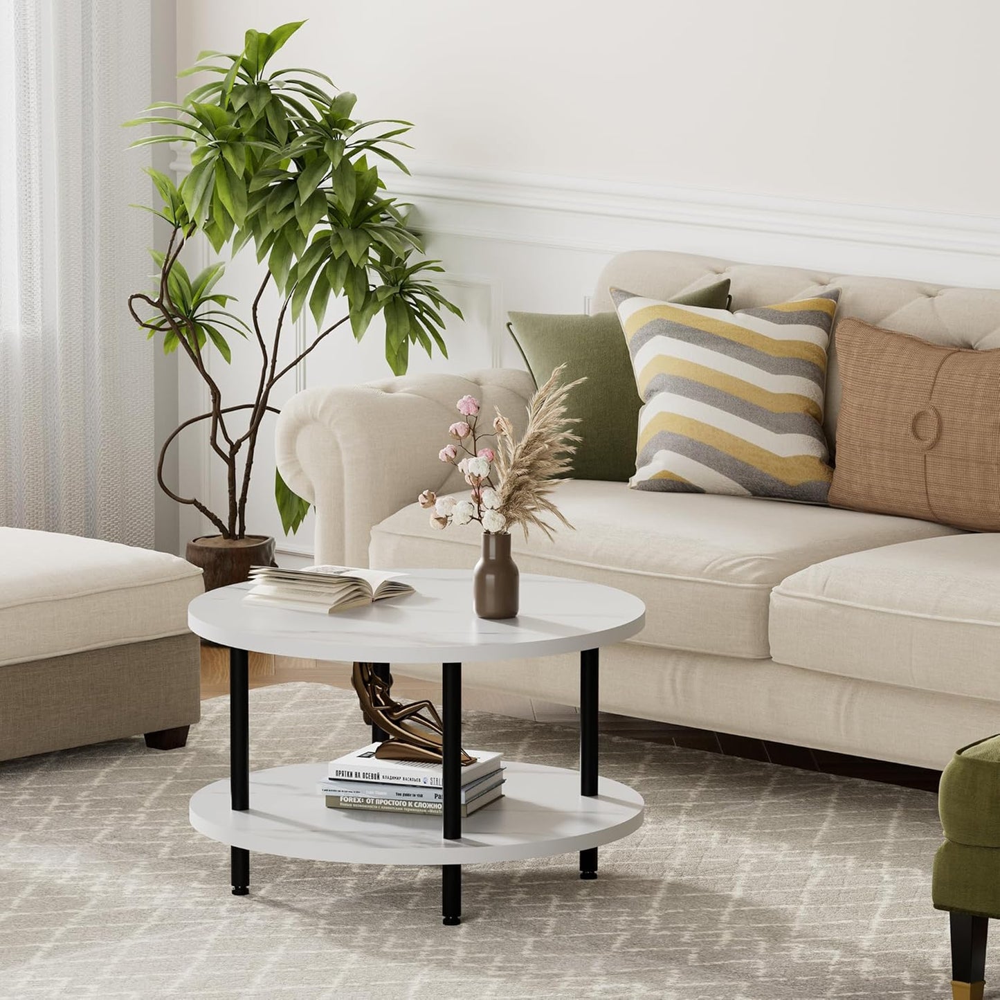 Round Coffee Table, 23.6" Circle Coffee Table for Living Room, 2-Tier Wood Accent Center Table with Open Storage Industrial Design Home Furniture, White