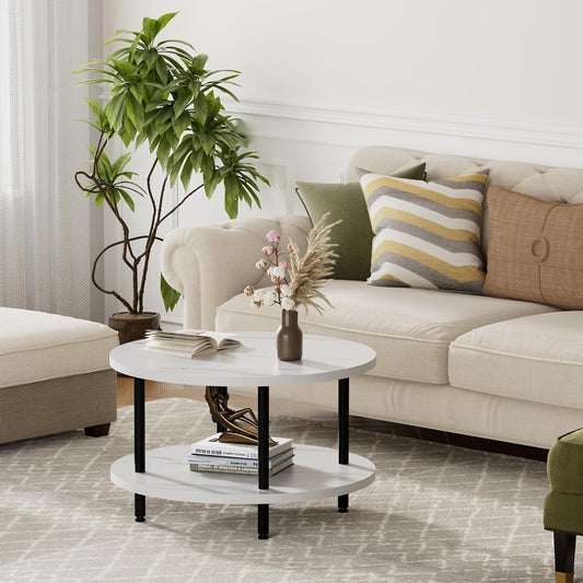 Round Coffee Table, 23.6" Circle Coffee Table for Living Room, 2-Tier Wood Accent Center Table with Open Storage Industrial Design Home Furniture, White