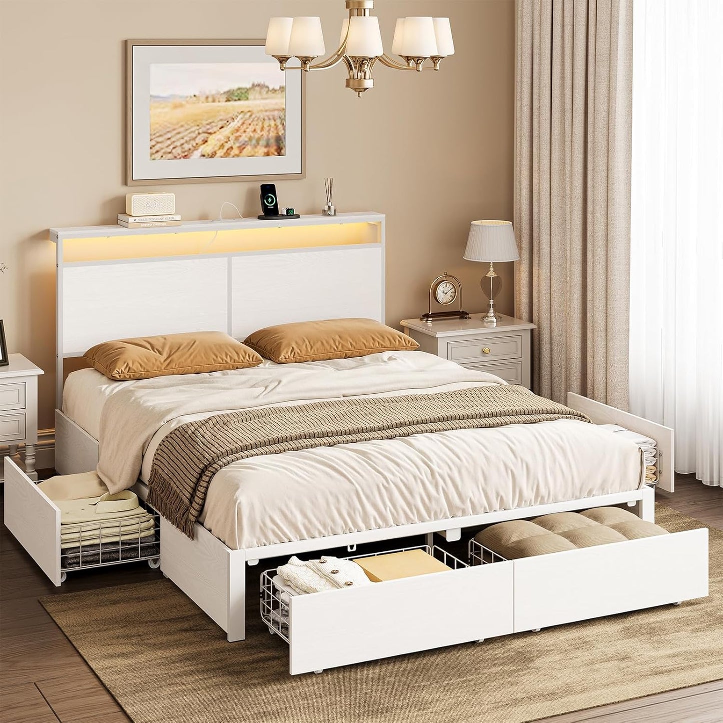 Queen Bed Frame with 4 Storage Drawers Bed Frame Queen Size with Headboard LED Lights Charging Station Metal Slats Platform Heavy-Duty Support No Box Spring Needed White
