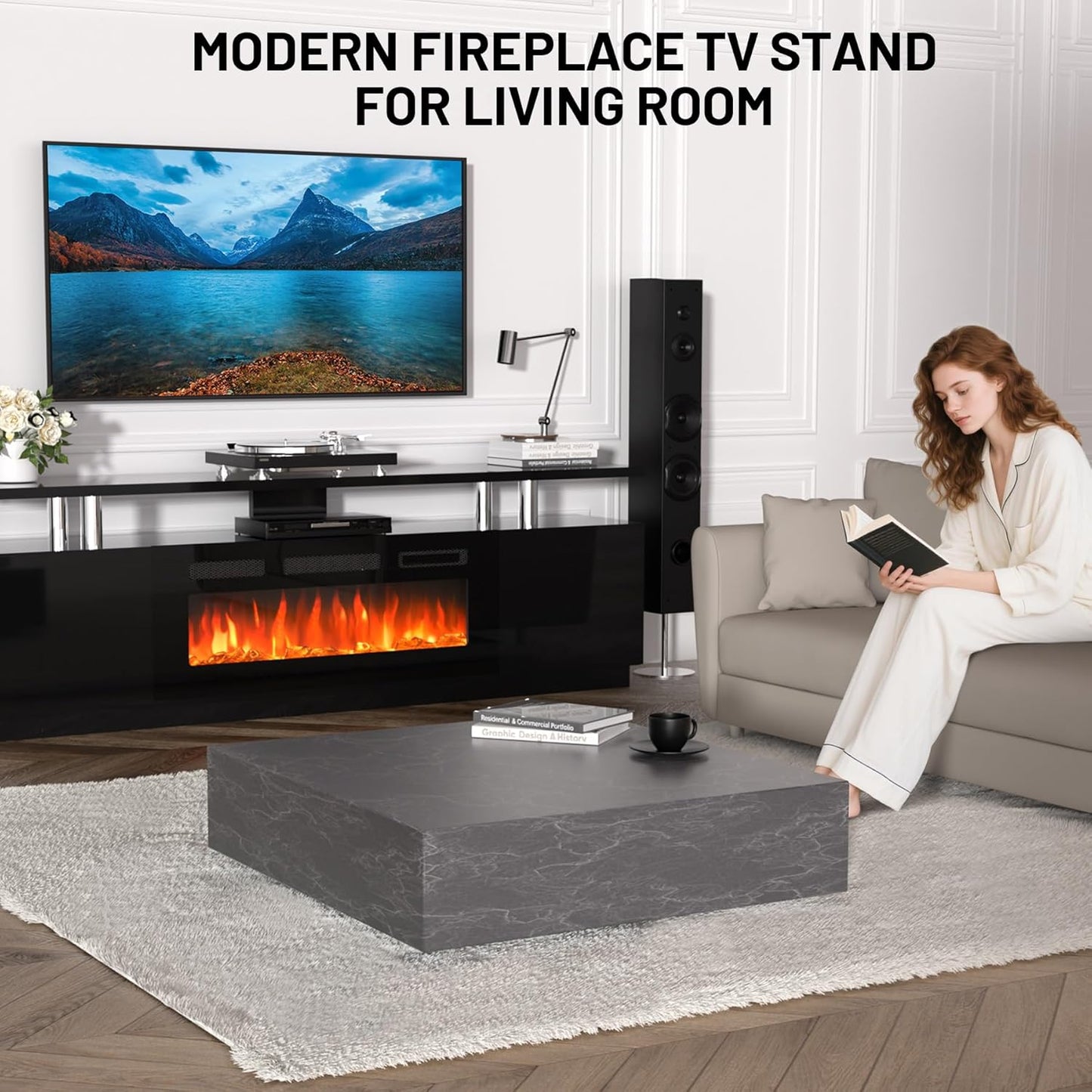 70'' Fireplace TV Stand, Entertainment Center with 36'' Firplace, 2 Tier TV Console Cabinet with Storage Cabinet, Electric Fireplace Heater with LED Light and 12 Flame Colors, Black