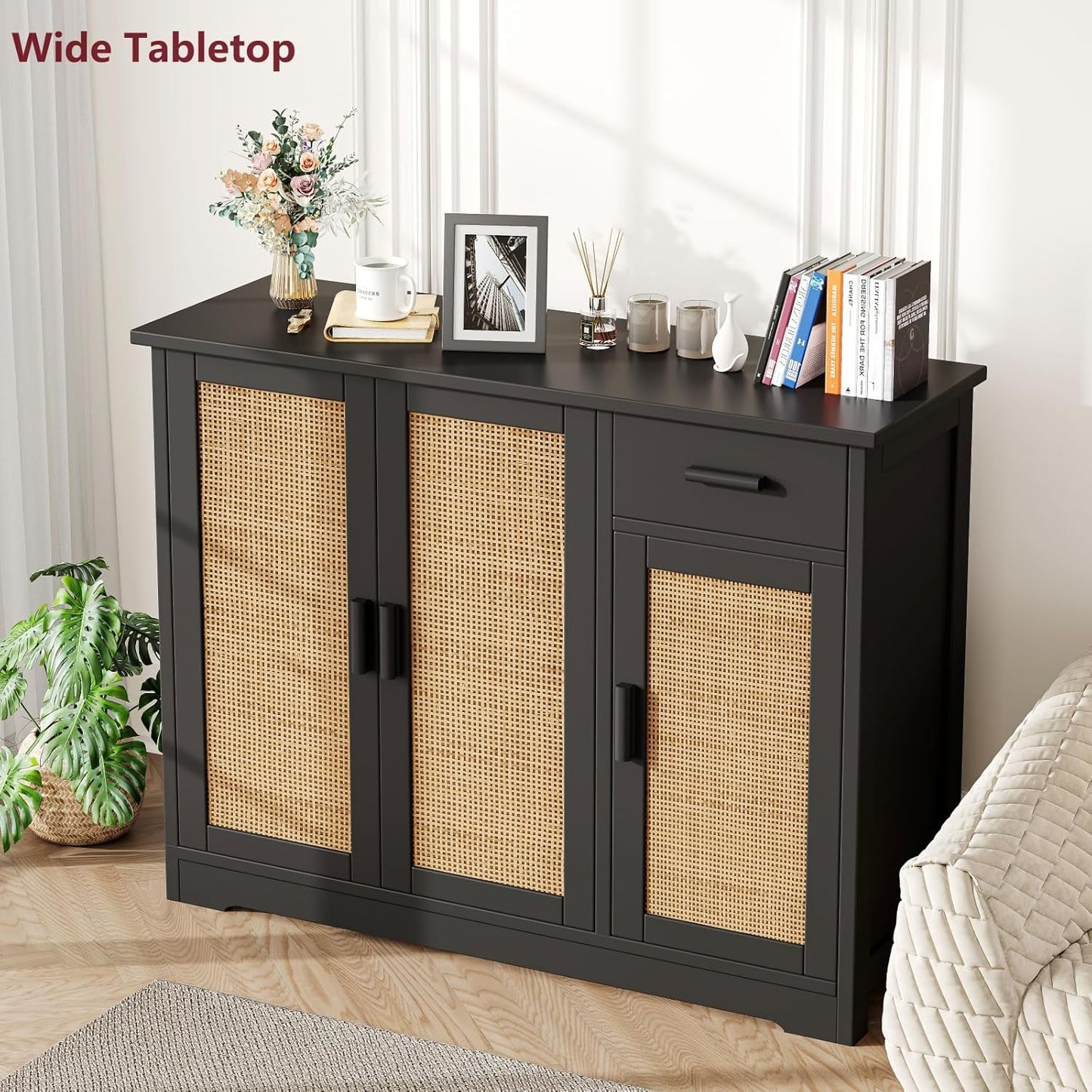 Irontar Kitchen Storage Cabinet, Sideboard Buffet Cabinet with Rattan Doors, Farmhouse Console Table with Drawer, Coffee Bar, Accent Table for Kitchen, Living Room, Hallway, Black and Natural CWG010BM