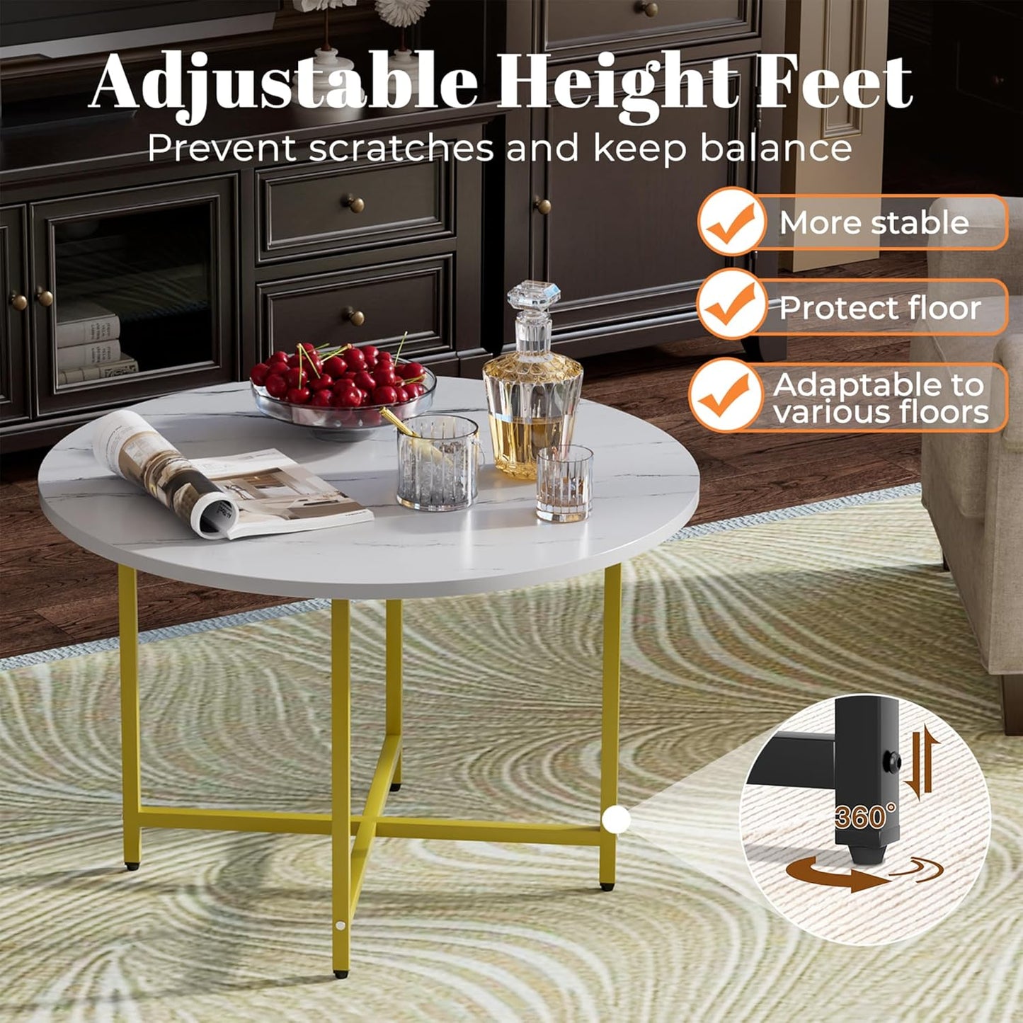 Round Coffee Table, Small Coffee Tables for Living Room, Wood Coffee Table with Metal Frame, Floor Table Desk for Sitting on The Floor, Home, Office, Farmhouse, White & Gold (23.6"D x 17.7"H)