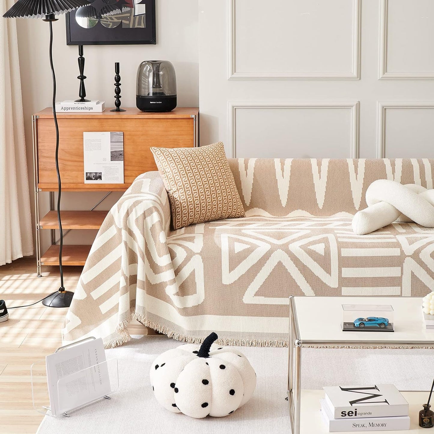 STACYPIK Boho Couch Cover Khaki Triangle Sofa Cover for Dog Cat Anti-Scratch Loveseat Cover Reversible Non Slip Couch Protector for 2 Cushion Couch Chenille Jacquard Couch Cover for Sectional-71X118IN