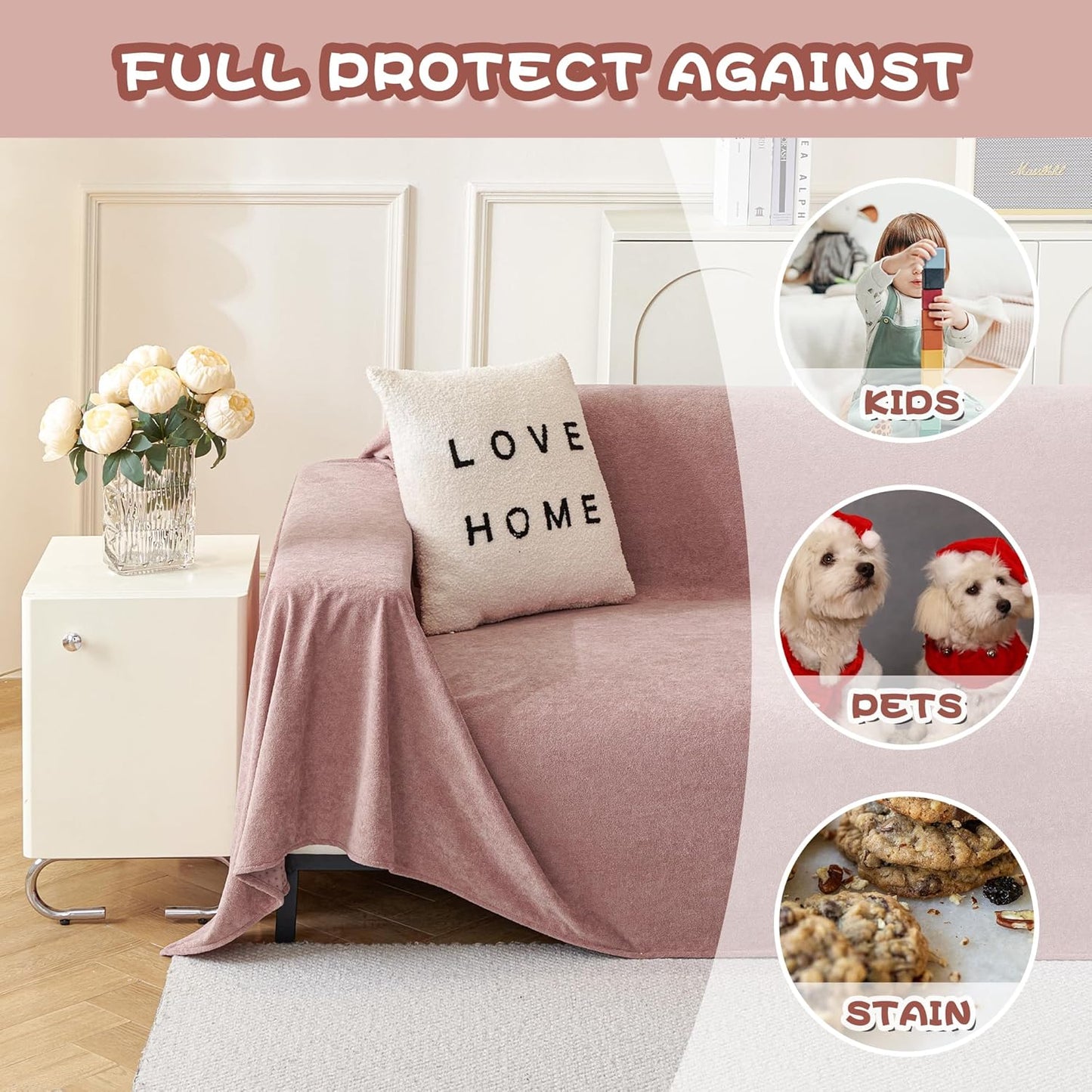 MYSKY HOME Pink Sofa Cover, Couch Covers for Sofa, Pet Couch Cover Reclining Couch Covers Loveseat Covers for 2 Cushion Couch Thick Durable Cushion Covers for Furniture Couch Cover, 71" x 102"