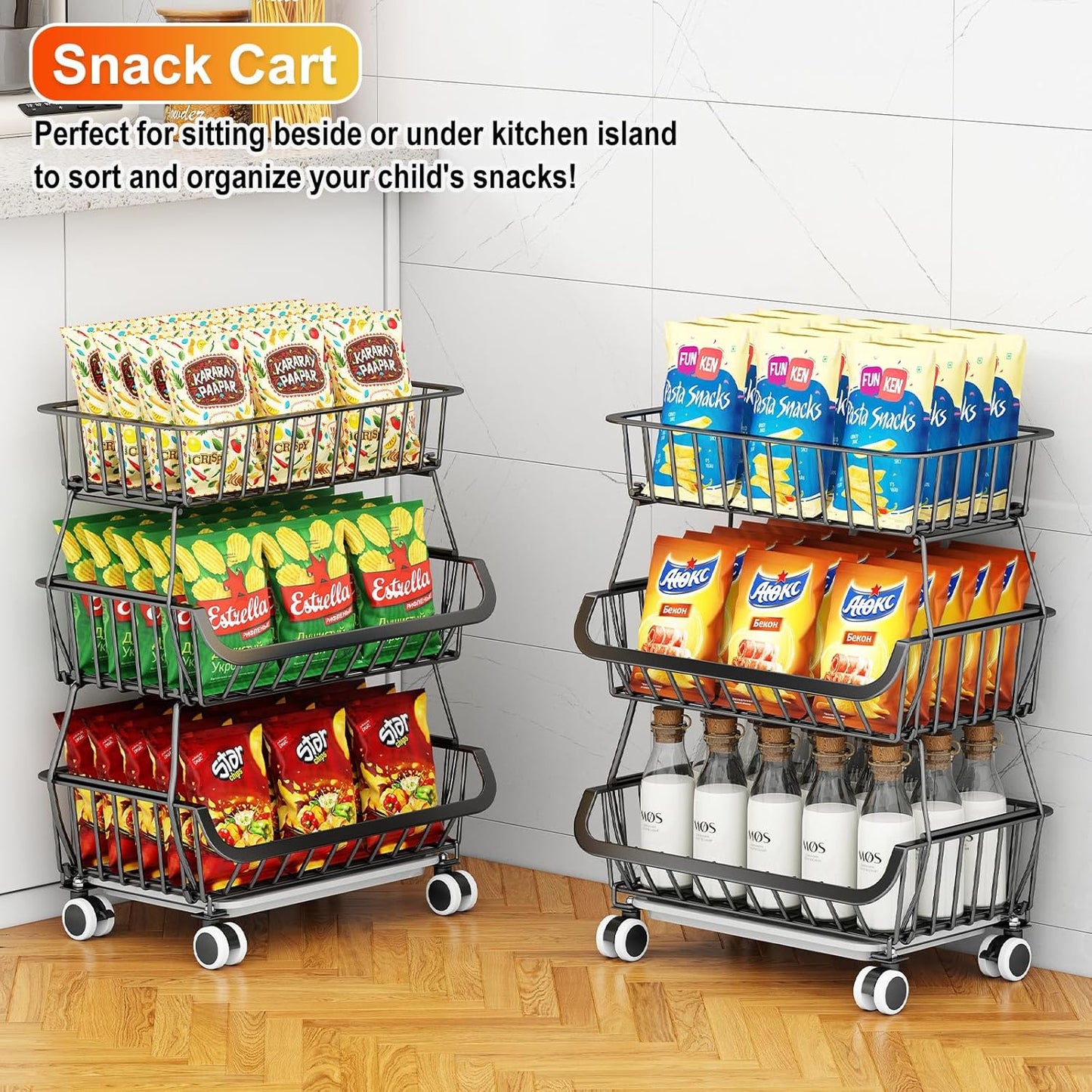 3-Tier Rolling Pantry Cart with Wheels, Stackable Wire Storage Floor Organizer for Kitchen Pantry Snack Shelves, Fruit Basket Stand, Vegetable Storage Rack for Snacks Fruits Onion Potato
