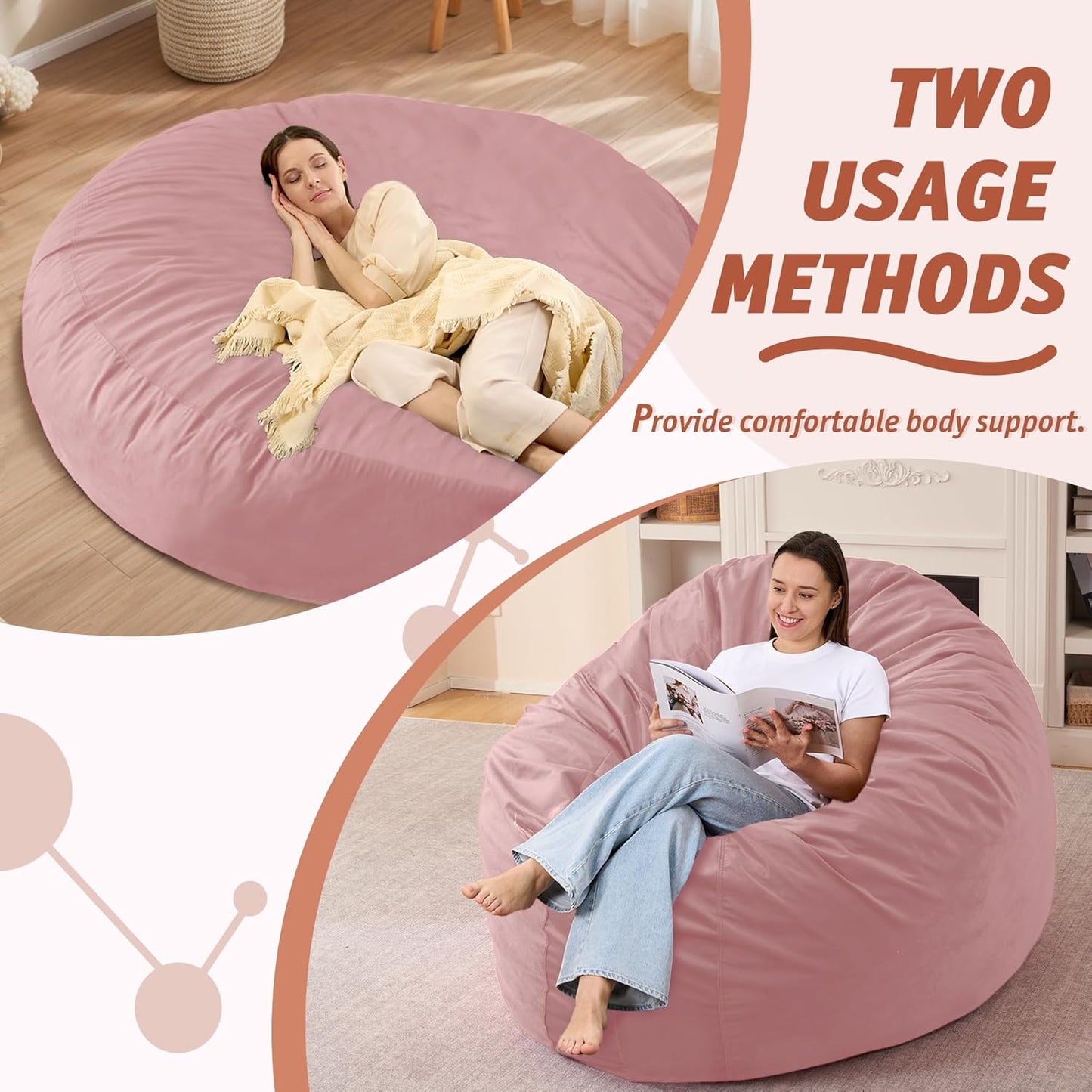 7FT Bean Bag Chair with Ultra Soft Velvet Cover Bean Bag Sofa with Memory Foam Bean Bag Chairs with Large Size Lazy Sofa for Dorm Office Living Room Bedroom Dusty Pink 7'