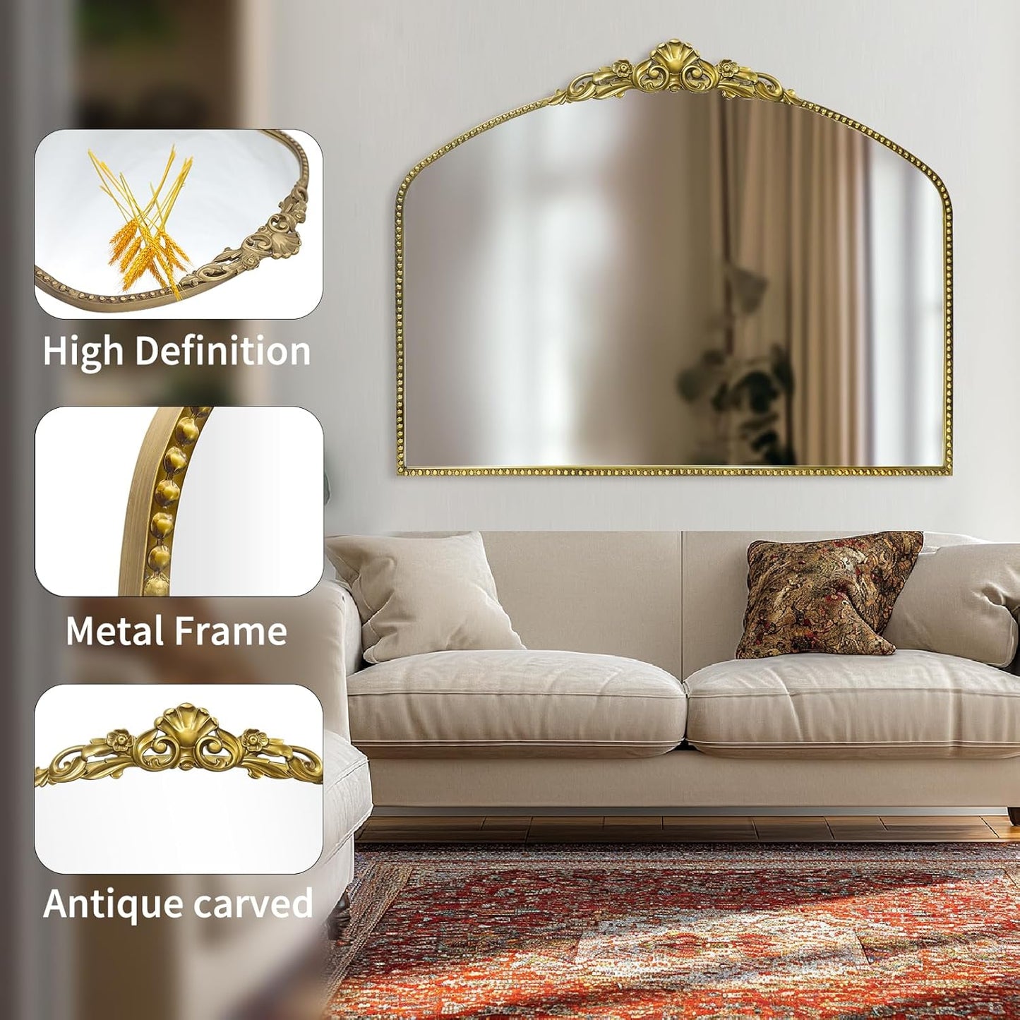 G-LEAF Vintage Baroque Mirror 40"X30",Victorian Antique Mirror, Farmhouse Mantel Mirror with Black Brush Gold Ornate Metal Frame for Fireplace Entryway Living Room Hallway Bathroom