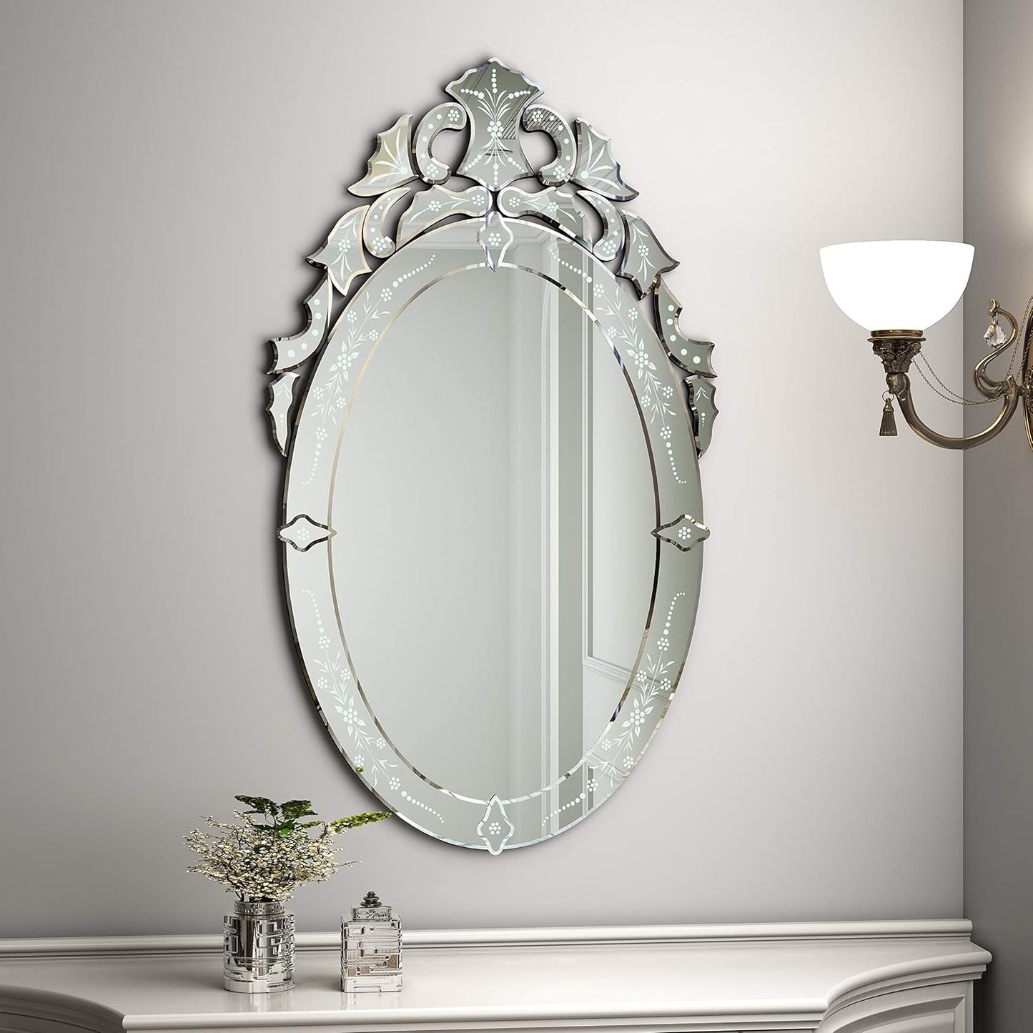 KOHROS Oval Bathroom Mirror 42" x 24" Venetian Mirror with Top Crown Floral Etched Frameless Decorative Wall Mirror for Vanity Bathroom Bedroom Living Room