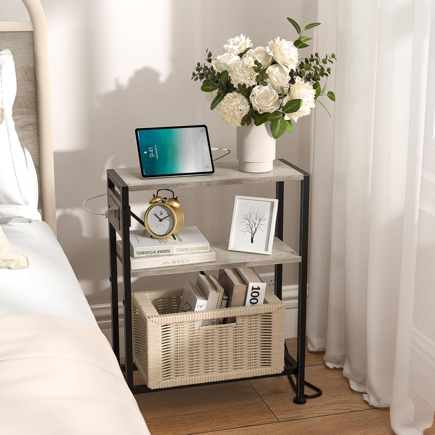 Small Narrow Side Table with Charging Station, Skinny End Table for Small Spaces, Slim Nightstand with Outlets, Sofa Bedside Table in Living Room, Bedroom, Kitchen and Balcony (Greige)