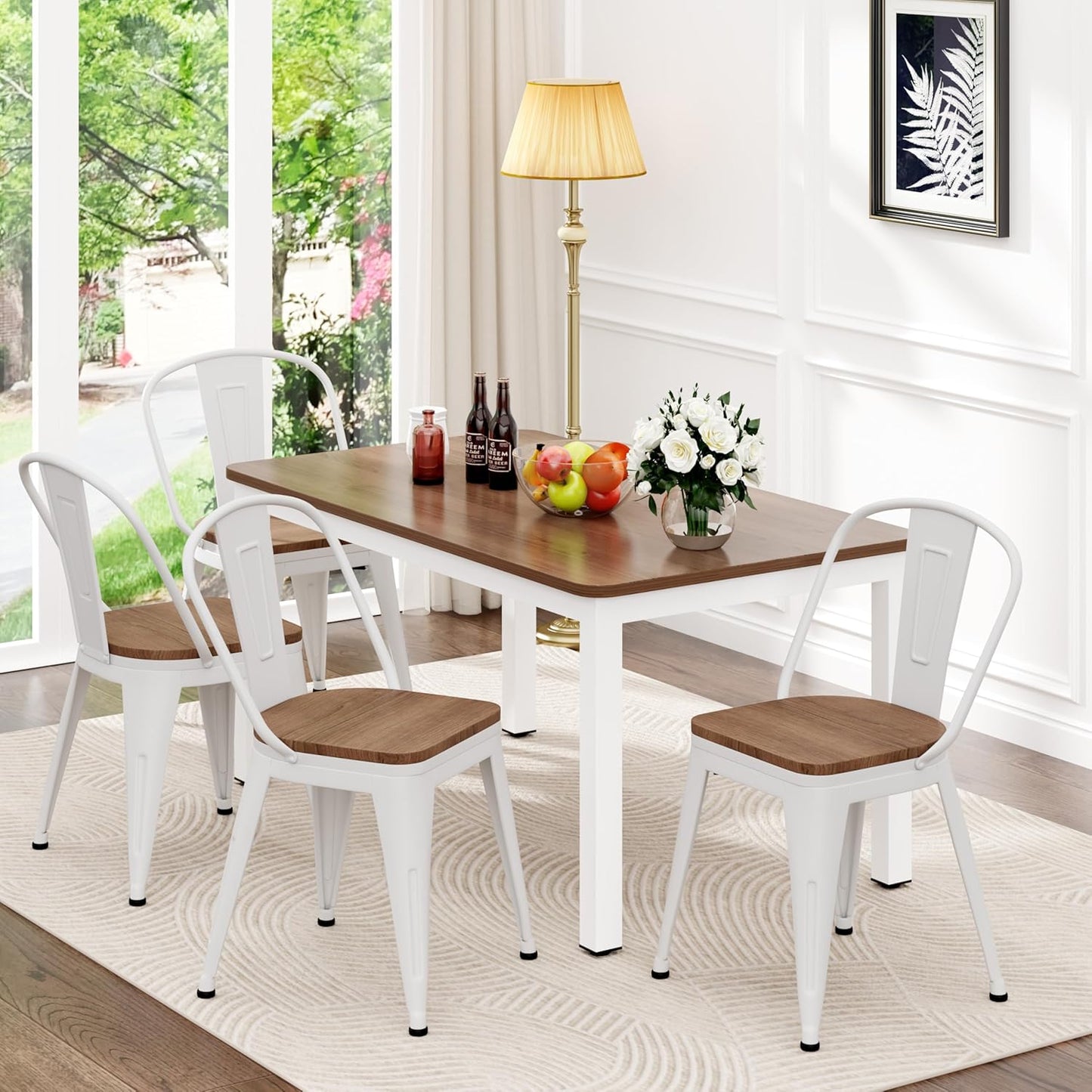 18 Inch Metal Dining Chairs,Arlunar Farmhouse Chairs Set of 4 White Dining Room Chairs Stackable with Back and Wooden Seat bar stools