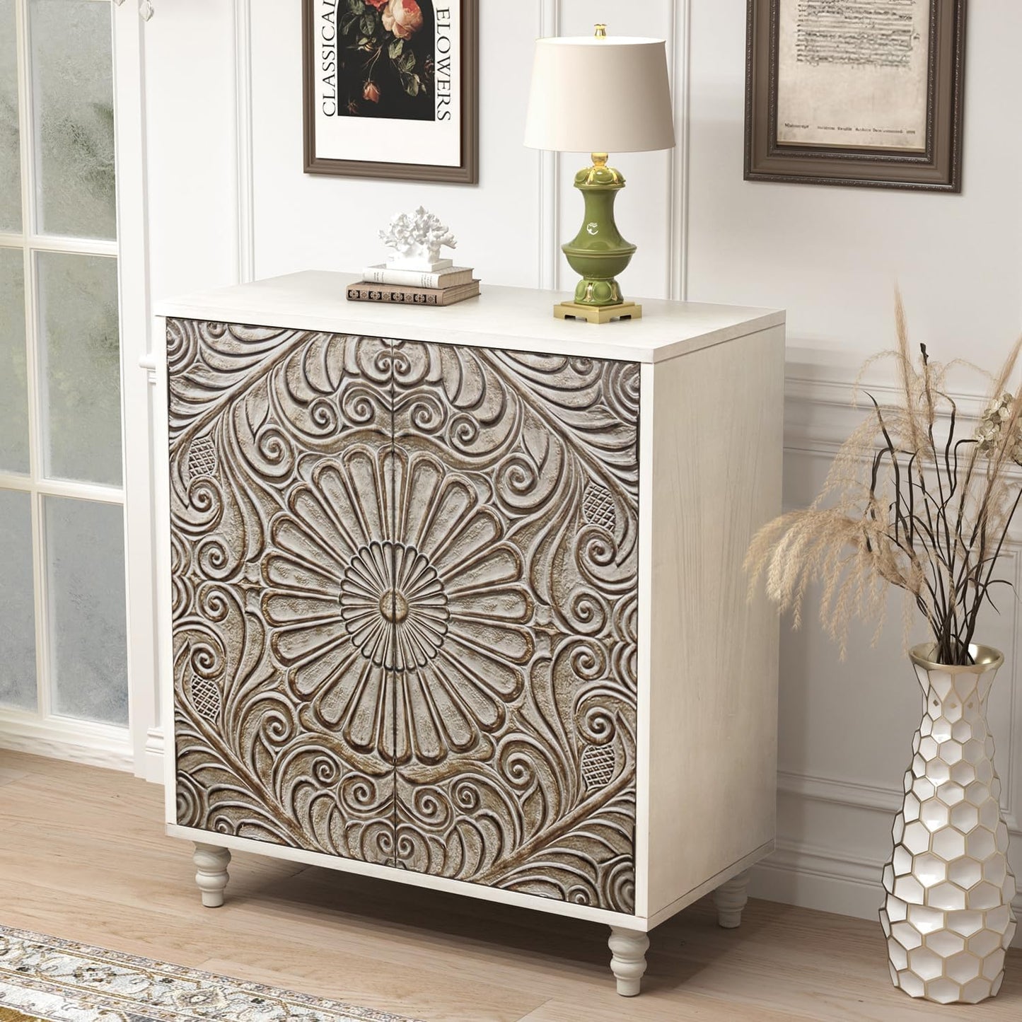 COSIEST 32" W Sideboard Buffet Cabinet with Storage, Accent Cabinet with 2 Push-to-Open Magnetic Doors, Vintage MDF Buffet Table for Living Room, Kitchen, Hallway (Gray,Flower Pattern)