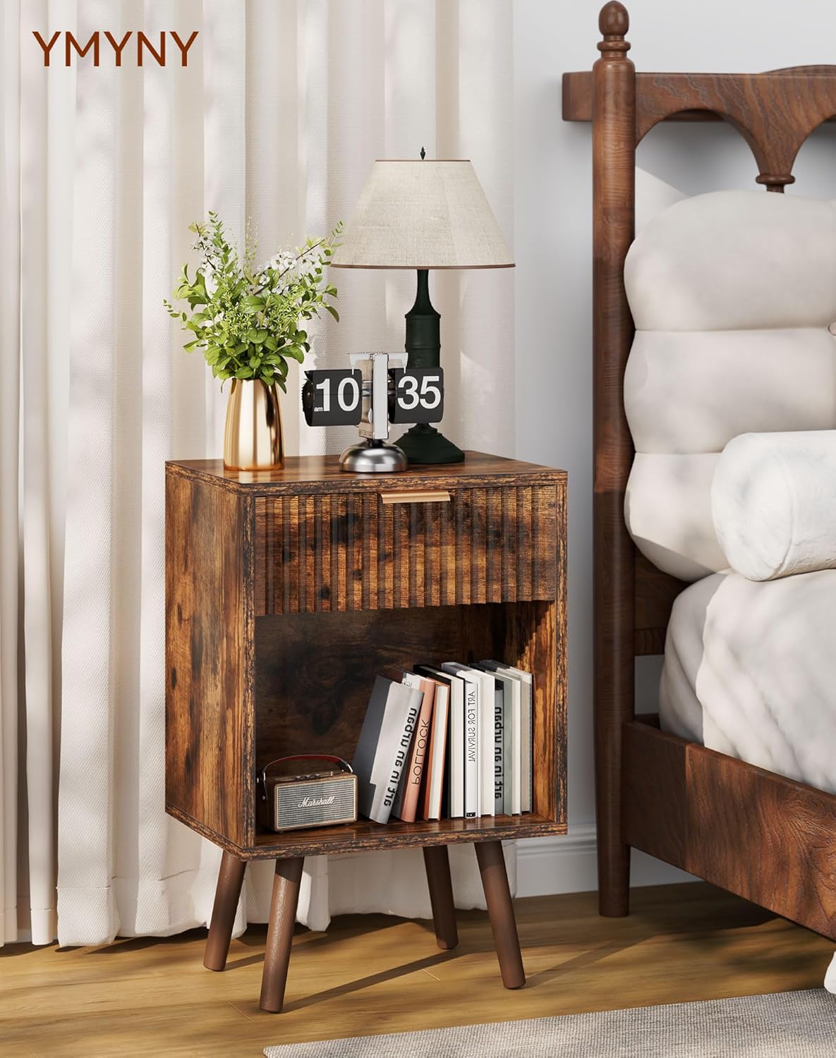 YMYNY Mid Century Modern Nightstand, Side Table, Fluted Night Stand with Drawer, Open Shelf Unit, Golden Handle, Solid Wood Legs, Bedside Table, for Bedroom, Rustic Brown UHST013H