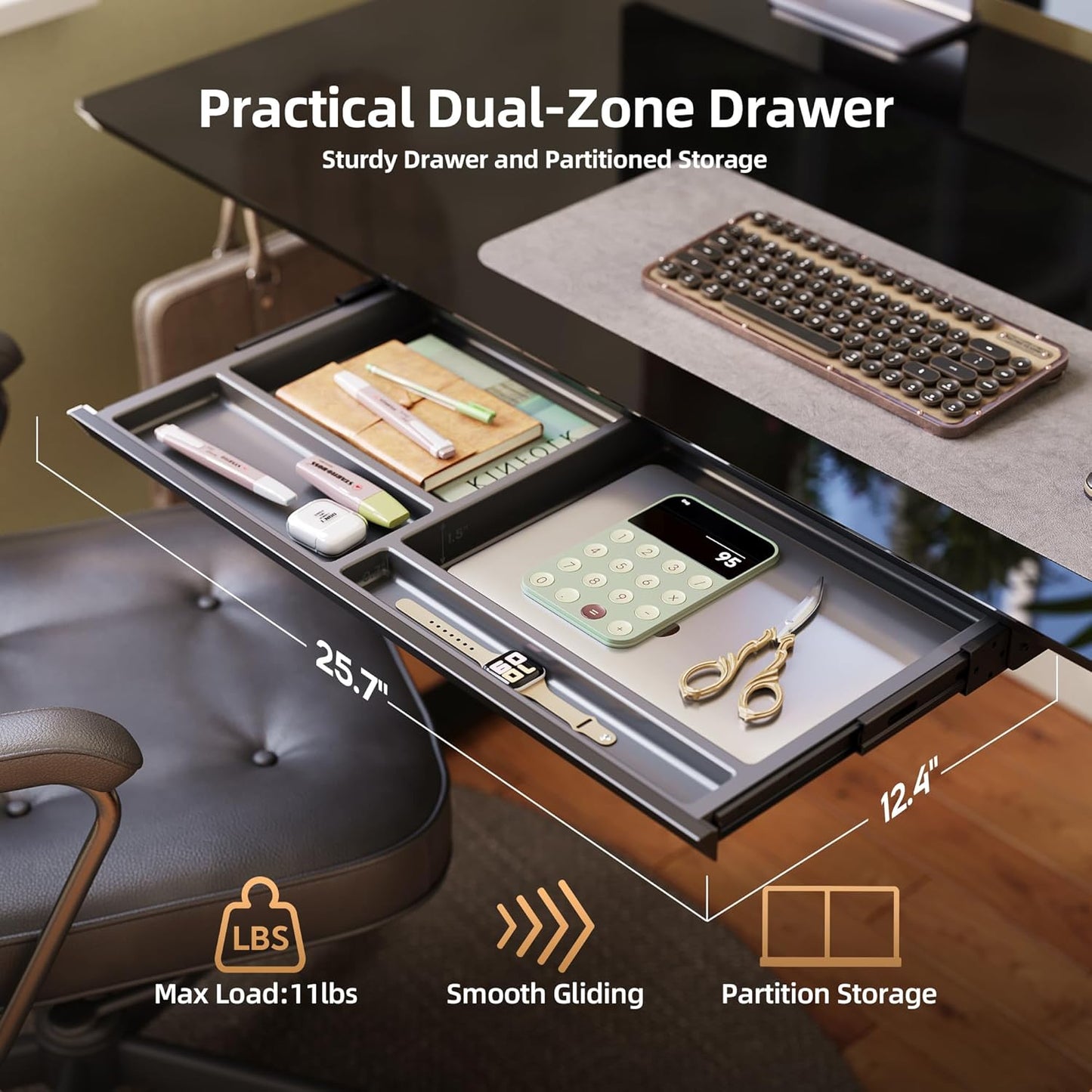 INNOVAR Glass Standing Desk with Drawers, 48×24 Inch Adjustable Stand Up Desk, Quick Install Home Office Computer Desk, Black