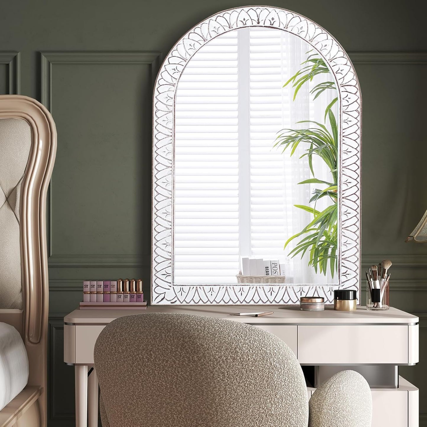 36x24 Inch Arched Wall Mirror with Wooden Frame, Rustic Farmhouse Decorative Arch Mirrors for Bathroom, Bedroom, Living Room, Entryway & Kitchen