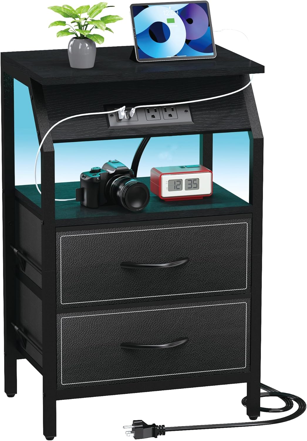 End Table with Light, LED Nightstand with 2 Drawers and Type C Charging Station, Small Fabric Dresser for Bedside, Storage Side Table for Living Room, Dorm, Black