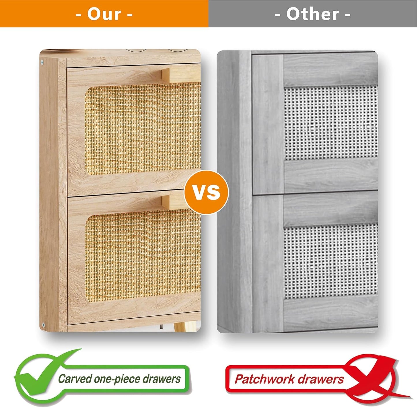 Rattan Nightstand Set of 2,Side Table with Hand Made Rattan Decorated Drawers,Boho Bedside Table,Wood Accent Table with Storage for Small Space,Livingroom, Bedroom, Natural CTG59Y-2