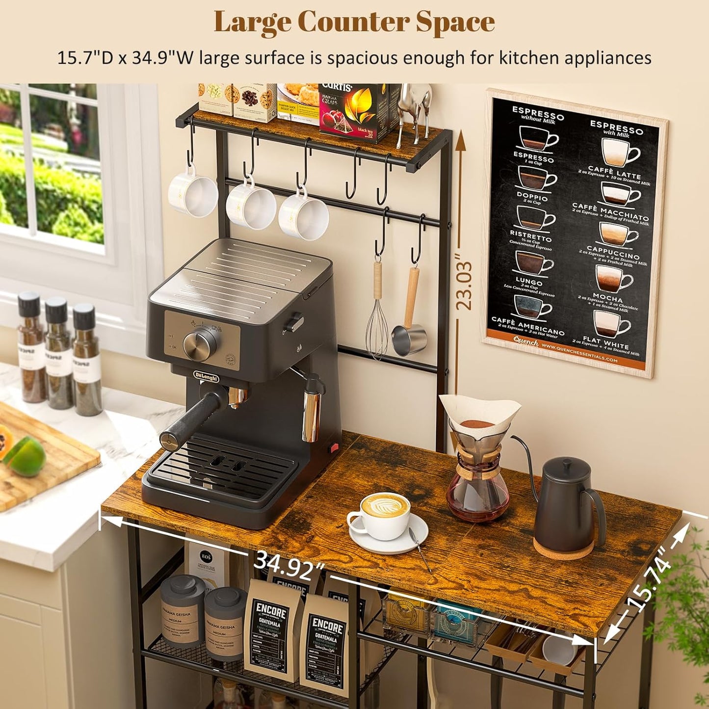 Baker's Rack for Kitchen with Storage, Microwave Stand with Adjustable Shelves and 10 S Hooks, 6-Tier Coffee Bar Station, Kitchen Shelves for Spices, Pots, Rustic Brown
