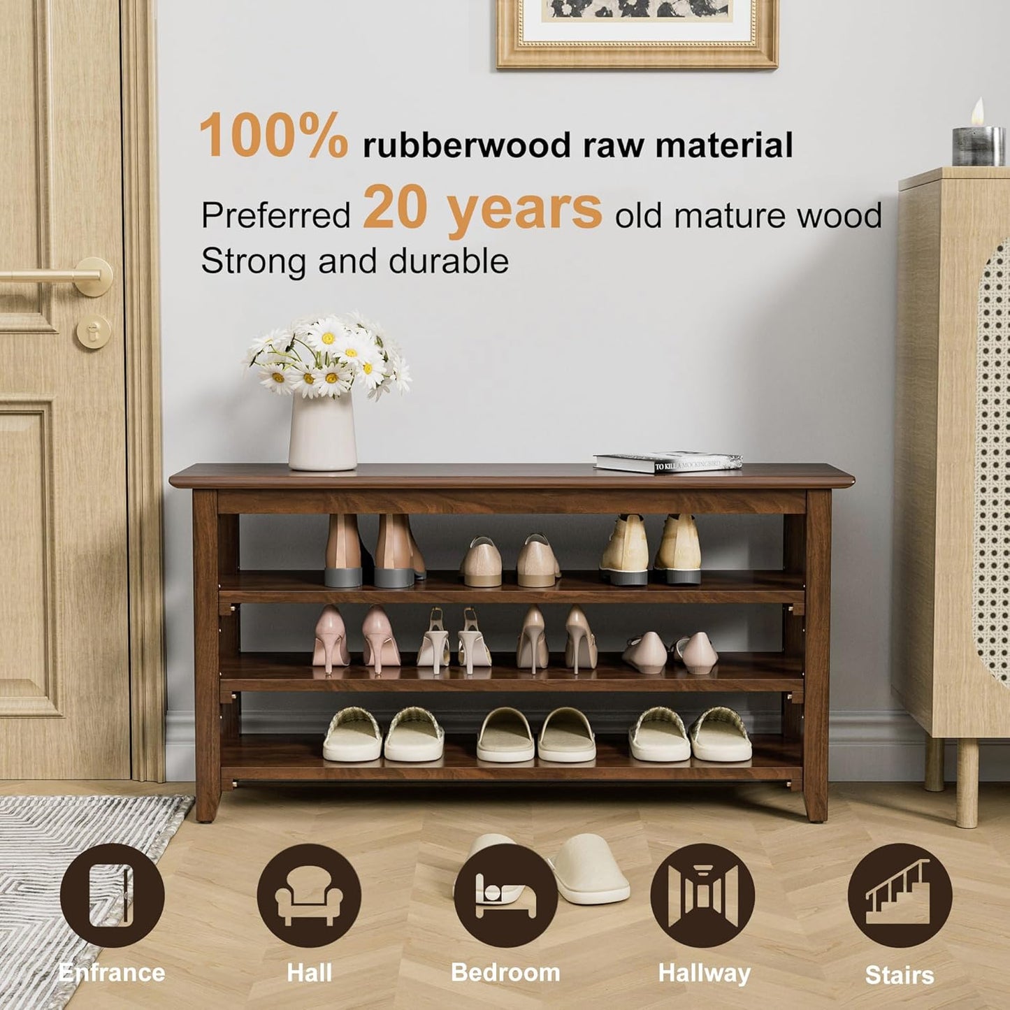 Wooden Storage Shoe Bench, Entryway Bench with 3-Tiers Height Adjustable, Shoe Rack Front Doors Entrances for Hallway Living Room,Mudrooms (Brown,39.4")