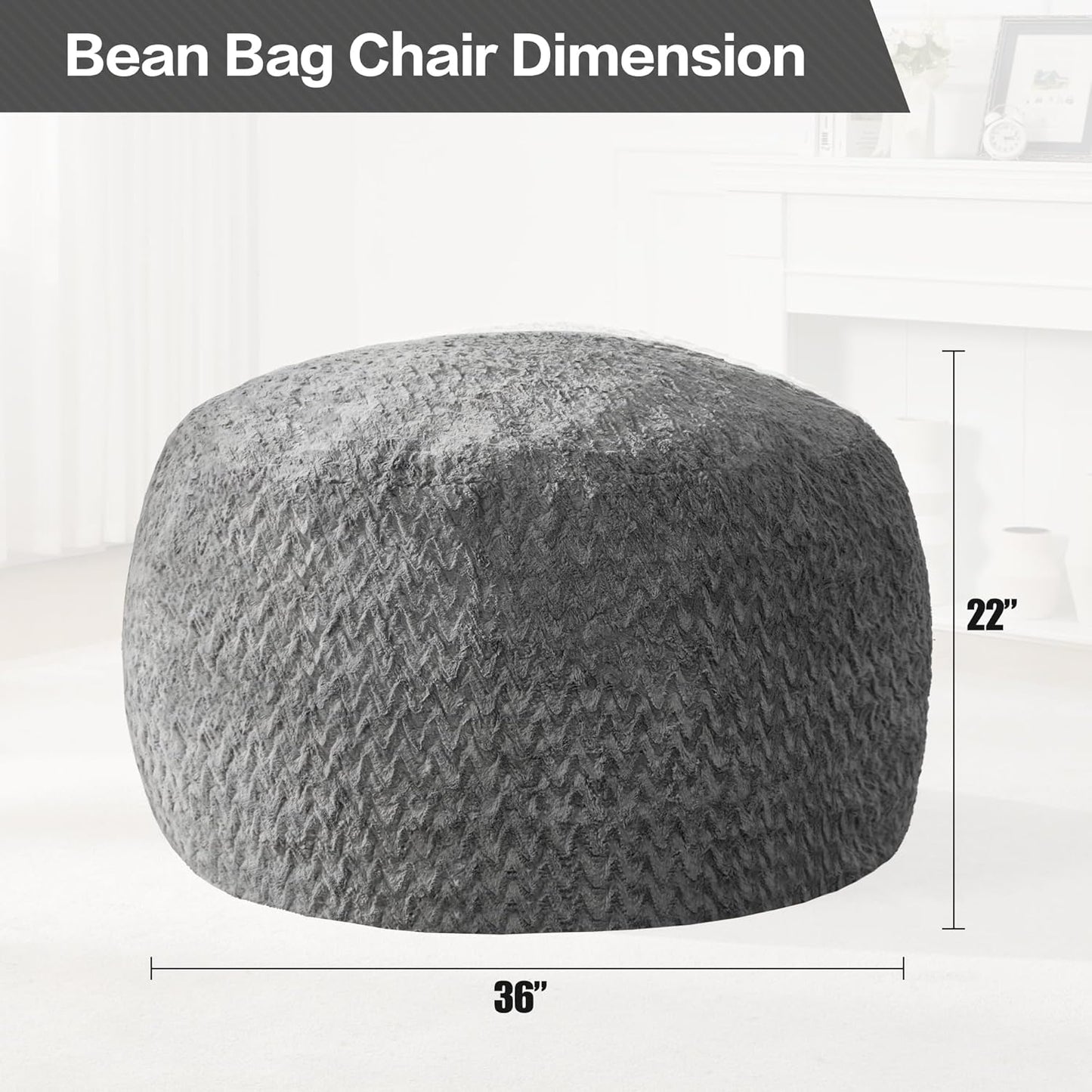 Hobestluk 3ft Bean Bag Chairs for Adults Large Beanbag Chair with Chevron Plush Fur Cover Big Bean Bag Chair for Living Room Bedroom Dorm Office - Grey (36” x 36” x 22”)