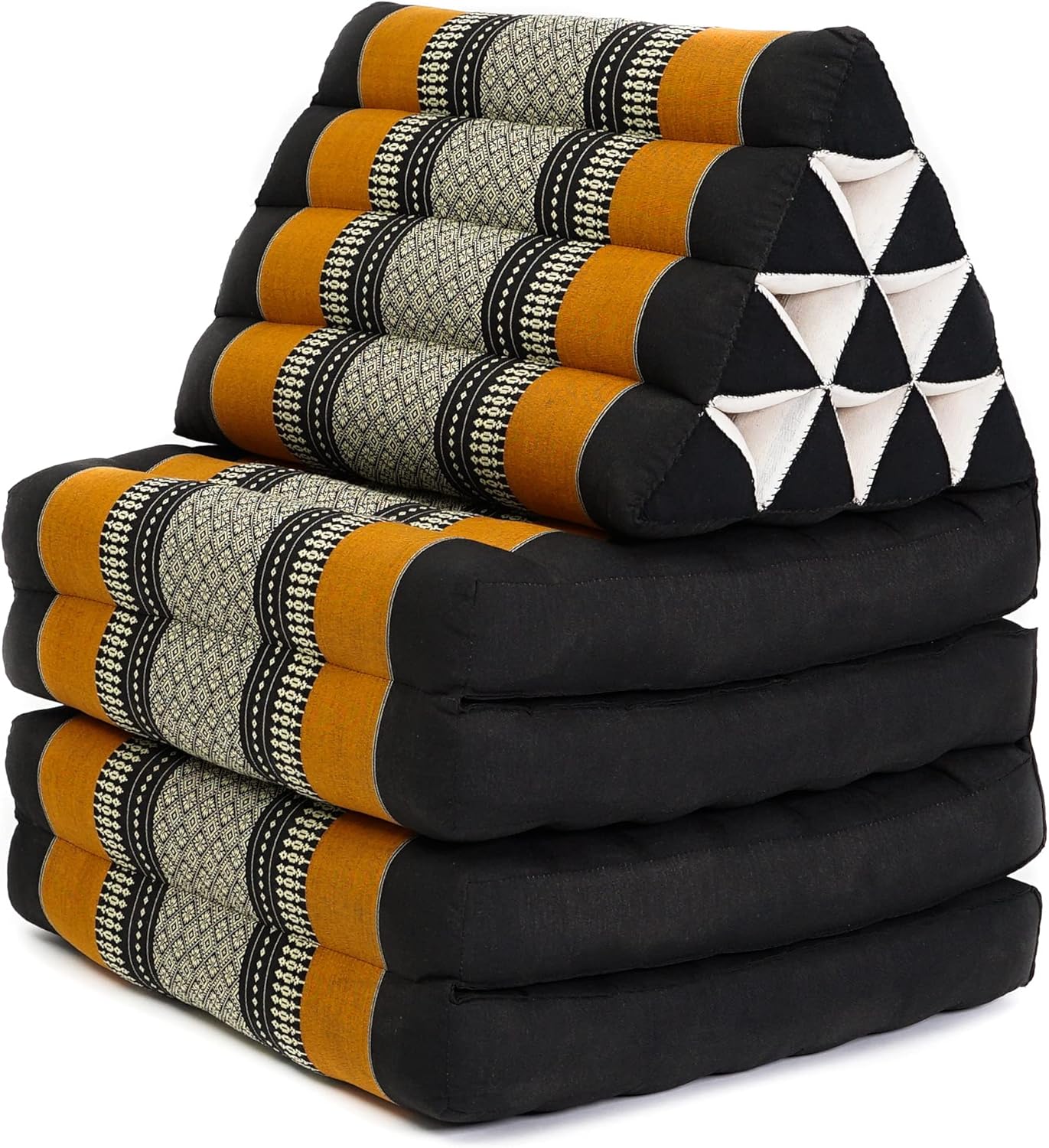 Leewadee Comfortable Japanese Floor Mattress - Thai Floor Bed with Triangle Cushion - Futon Mattress - XL Extra Long Thai Massage Mat, 89 x 20 inches, Black Orange, Kapok Filling