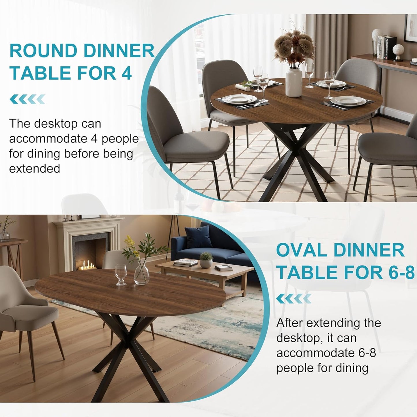 43"- 59" Extendable Dining Table for 4-6, Retractable Round Dinner Table Wood Oval Kitchen Tables Farmhouse Steel Base Dining Room Tables for Small Space, Kitchen, Living Room, Walnut