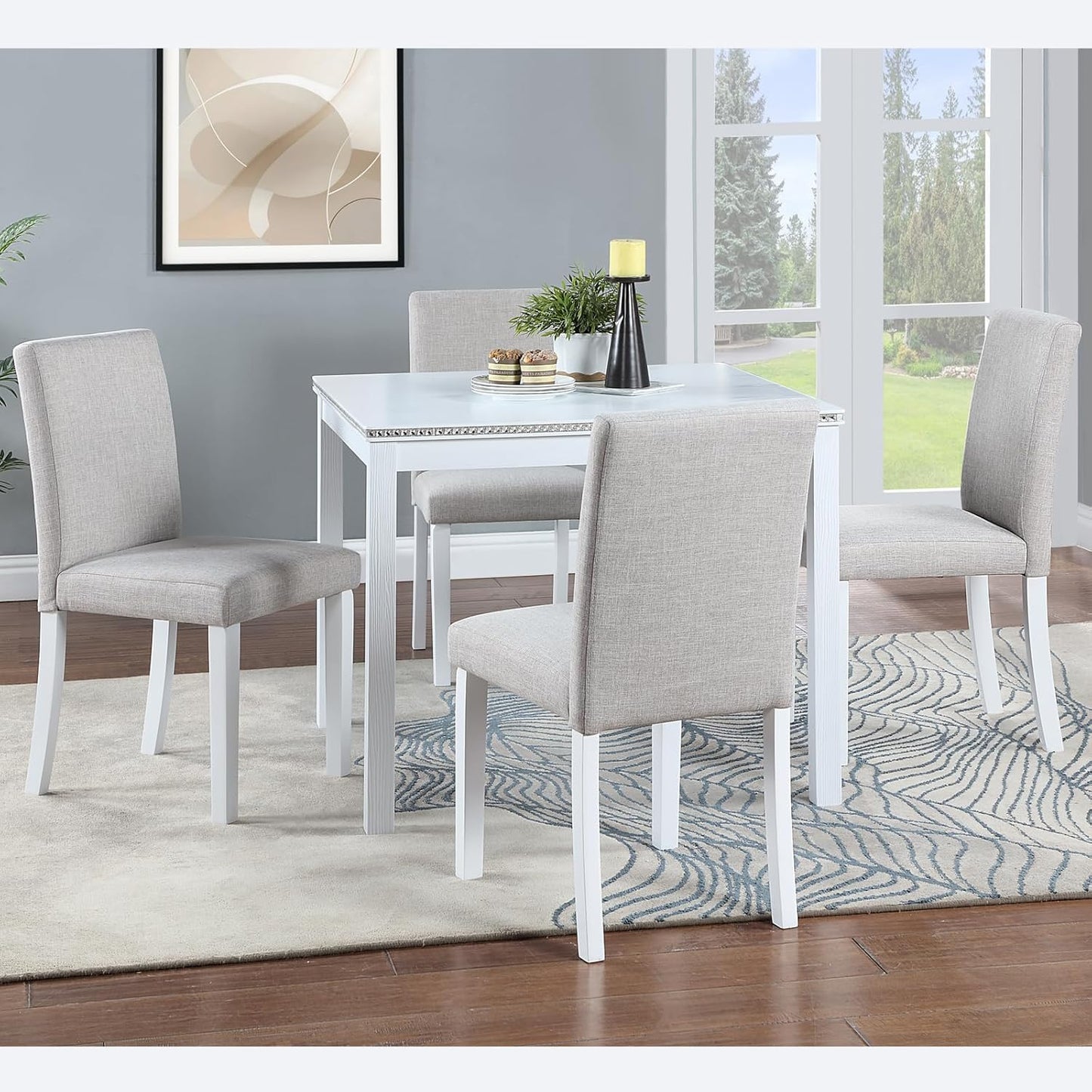 Ball & Cast 5 Piece Dining Table Set,Kitchen Table Set for 4 W/ 34.5" Square Wooden Dining Table,Living Room Furniture W/ 4 Upholstered Chairs,for Dining Room,Kitchen,Restaurant,White