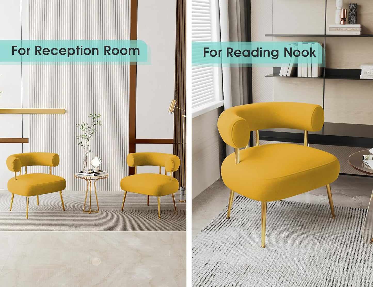 Modern Velvet Accent Chair, Round Upholstered Barrel Armchair for Small Spaces, Fluffy Side Corner Sofa Chair for Living Room, Bedroom(Yellow)