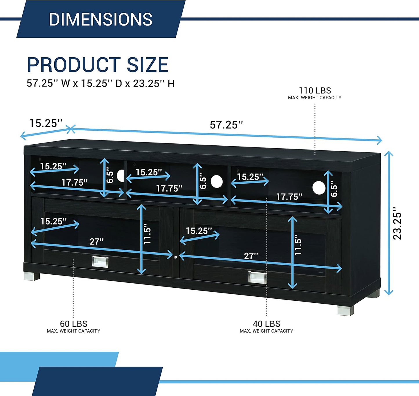 Techni Mobili TV Stand for 55+ Inch TV - Durbin Entertainment Center for 65 Inch TV - Living Room & Media Furniture with Glass Storage Cabinet Drawers, Shelves, & Cable Management Opening - Black