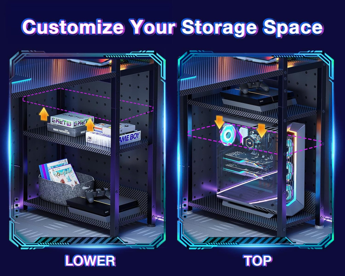 ODK Reversible Gaming Desk with Power Outlets and LED Lights, 48 Inch Computer Desk with Storage Shelves and Monitor Stand, Modern Writing Study Desk for Home Office, Carbon Fiber Black