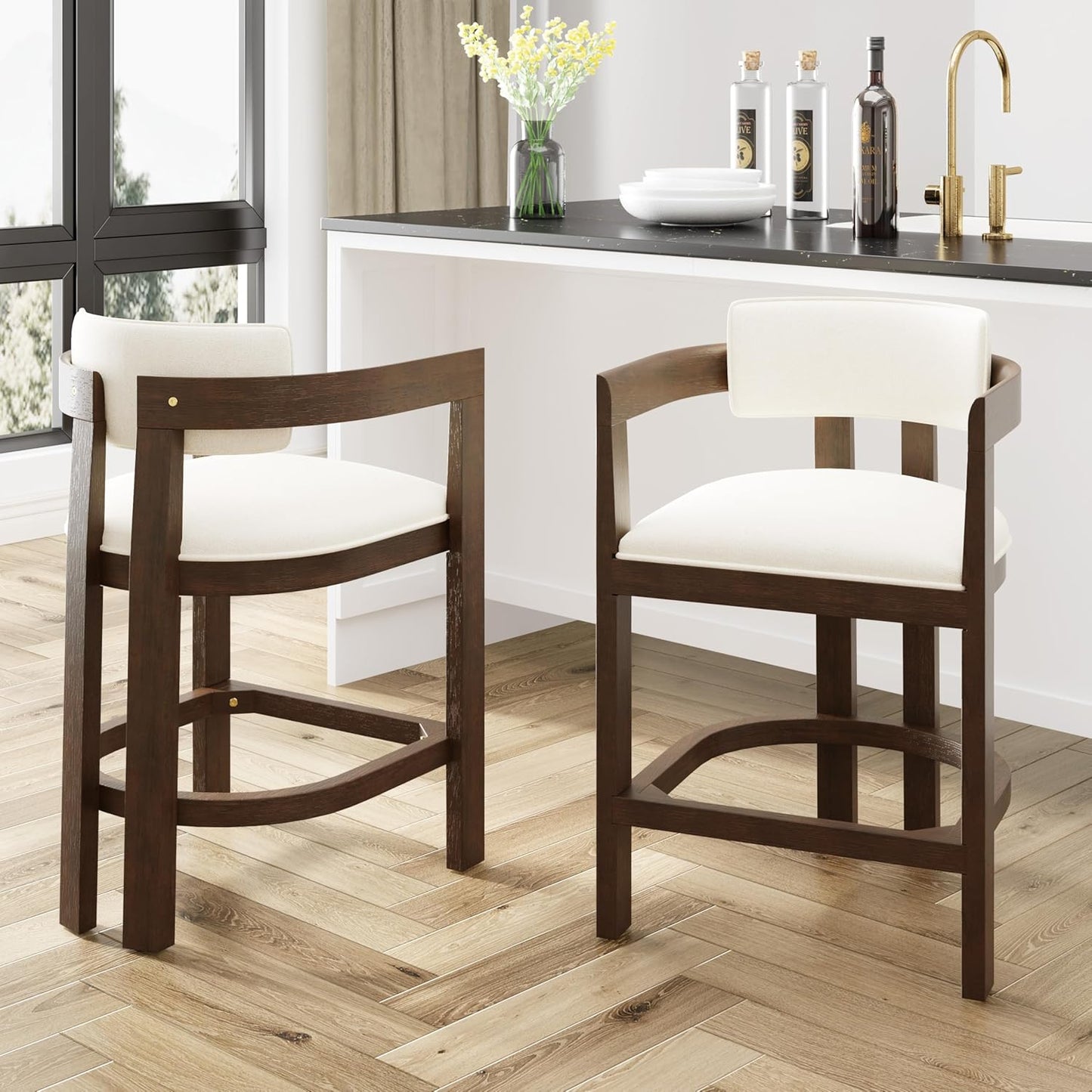 Christopher Knight Home Set of 2 Ryland Modern 26" Counter Height Bar Stools, Fabric Upholstered Counter Stools,Wooden Kitchen Island Armchair with Footrest, Round Backrest, Soft Seating,Beige+Walnut