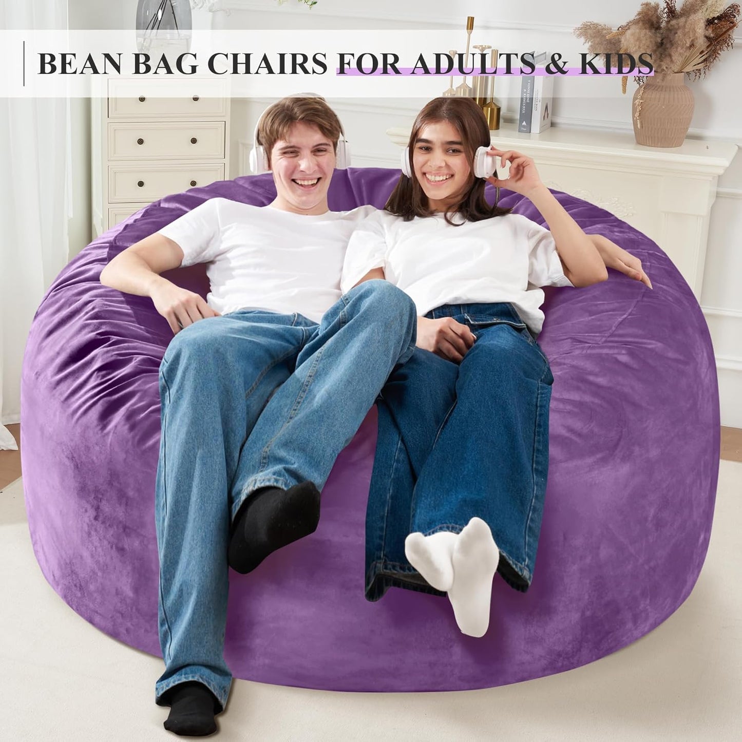 Homguava 5 FT Bean Bag Chair: 5' Bean Bags with Memory Foam Filled, Large Beanbag Chairs Soft Sofa with Dutch Velvet Cover-Purple