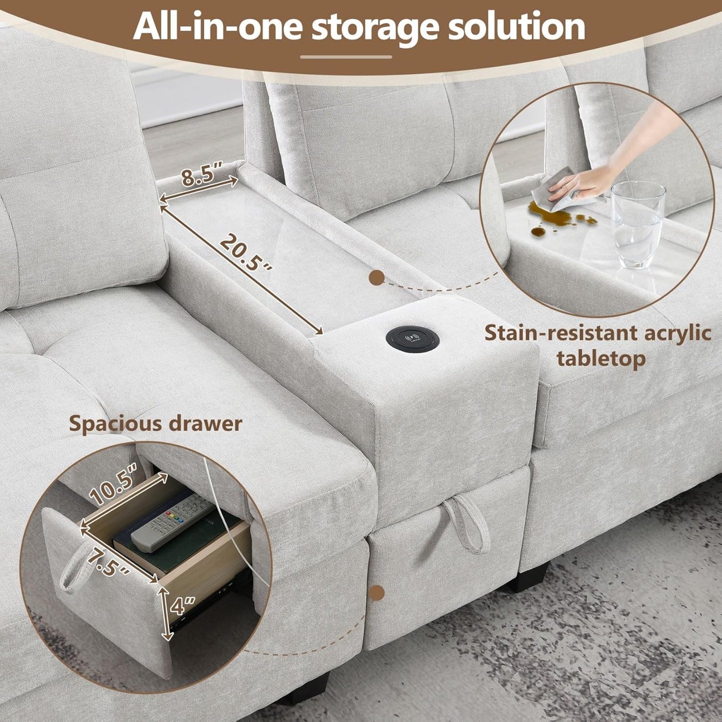 Merax 104 * 104" Chenille Sectional Couches with 2 Acrylic Consoles, Upholstered Modular Tufted Sofa Chaise with Ottoman, Storage Drawers, Pockets, USB Charger & Cup Holders for Living Room Apartment