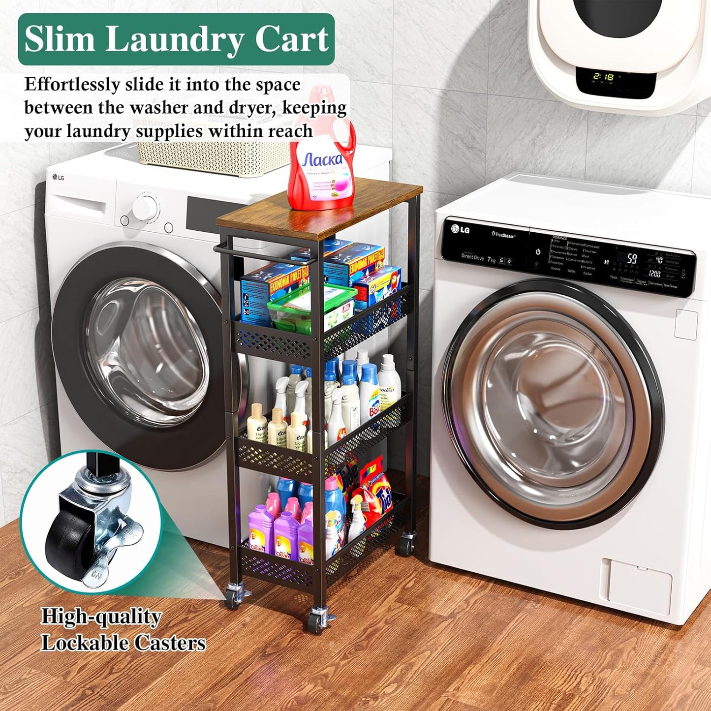 Utility Slim Storage Cart, 4-Tier Narrow Bathroom Organizer and Storage Cart, Metal Narrow Kitchen Laundry Room Organization Rack with Wood Top, Slim Rolling Shelf with Wheels for Small Space