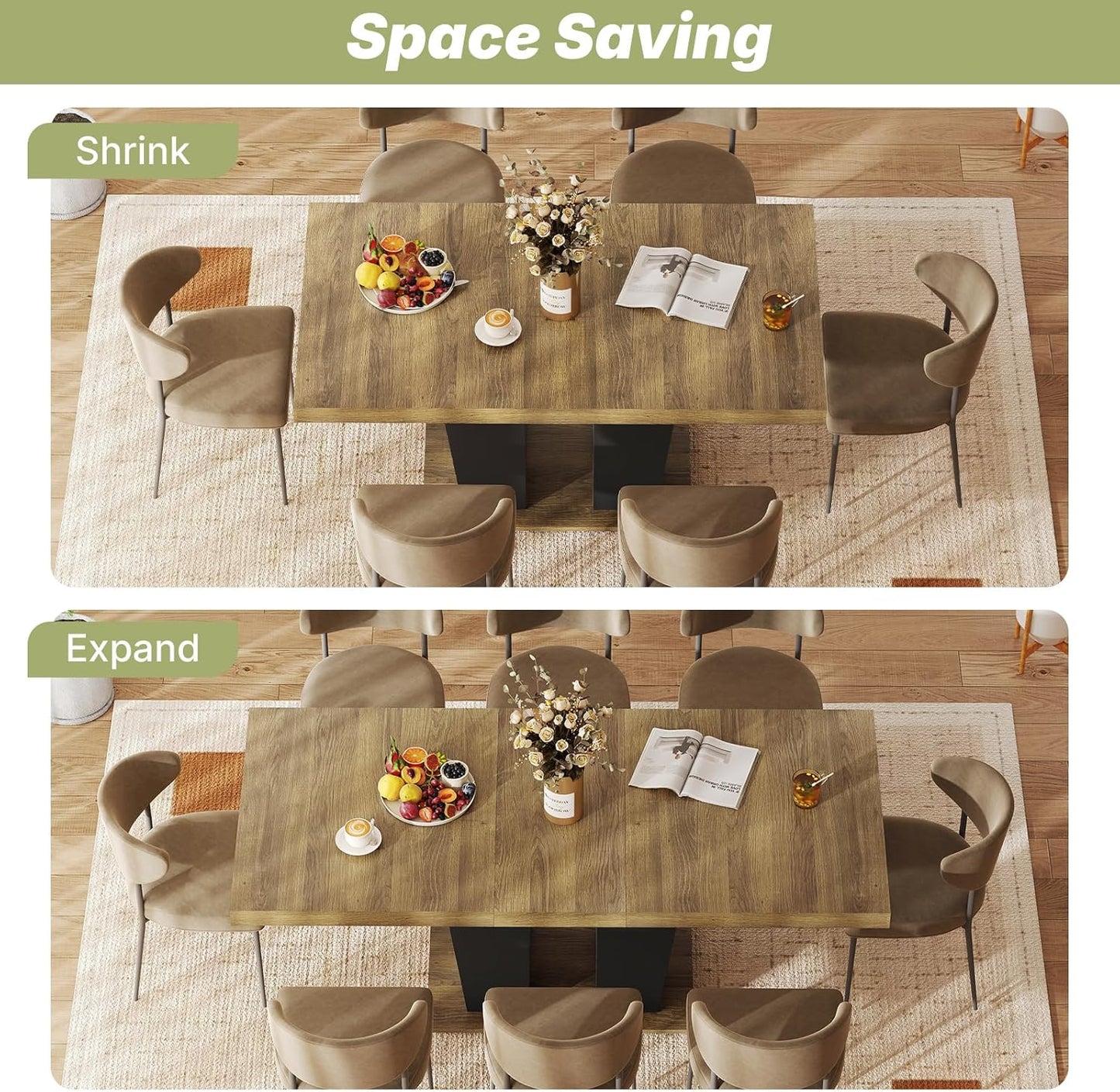 63"-78.7" Expandable Dining Table, 6-10 Rectangle Table, Extendable Console Table, Wooden Farmhouse Kitchen Table with Metal Track & Dual Column Base for Living, Office-Beige Brown