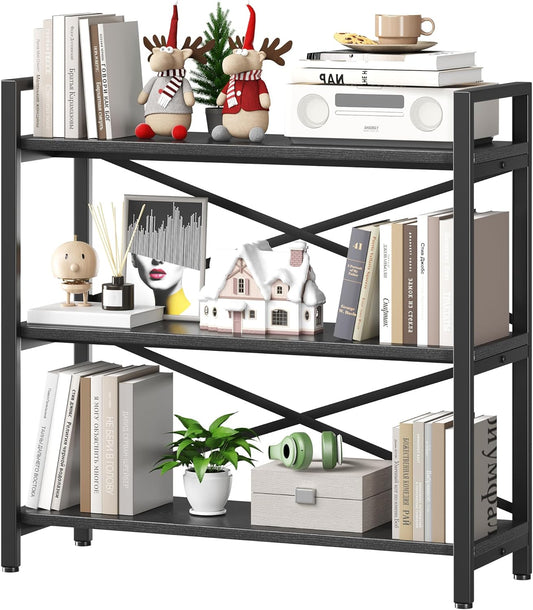 Homeiju 3 Tier Bookshelf 31.49" Width, Wood and Metal Etagere Bookcase, Vintage Farmhouse Modern Wooden Big Book Shelf for Home Living Room Bedroom Office Storage(Black)