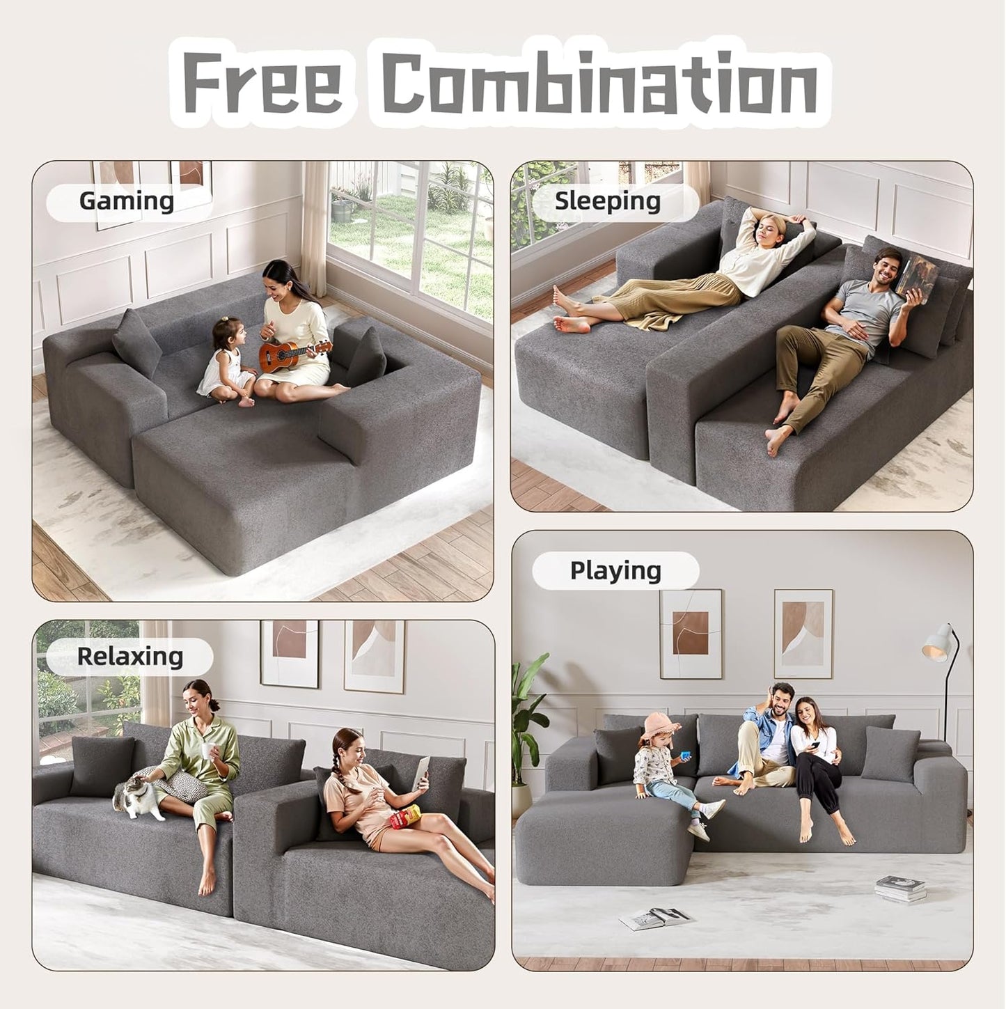 Cloud Sectional Couch, 104”L-Shape Oversized Sofa with Right Chaise Lounge, Modular Sleeper Couch with Pillows & Deep Seat, Rain Drop Velvet Fabric Compressed Sofa for Living Room, Light Gray