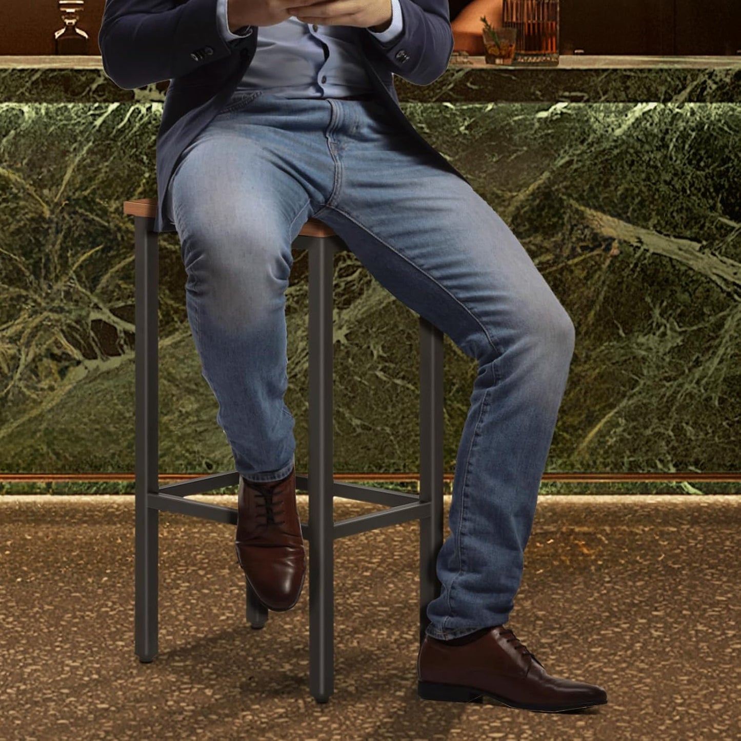 Athena Collection Bar Stools Set of 2, 26 Inches Counter Height Bar Stools Backless with Metal Legs and Footrest, Wood Barstools for Home, Kitchen Island, Counter, Brown