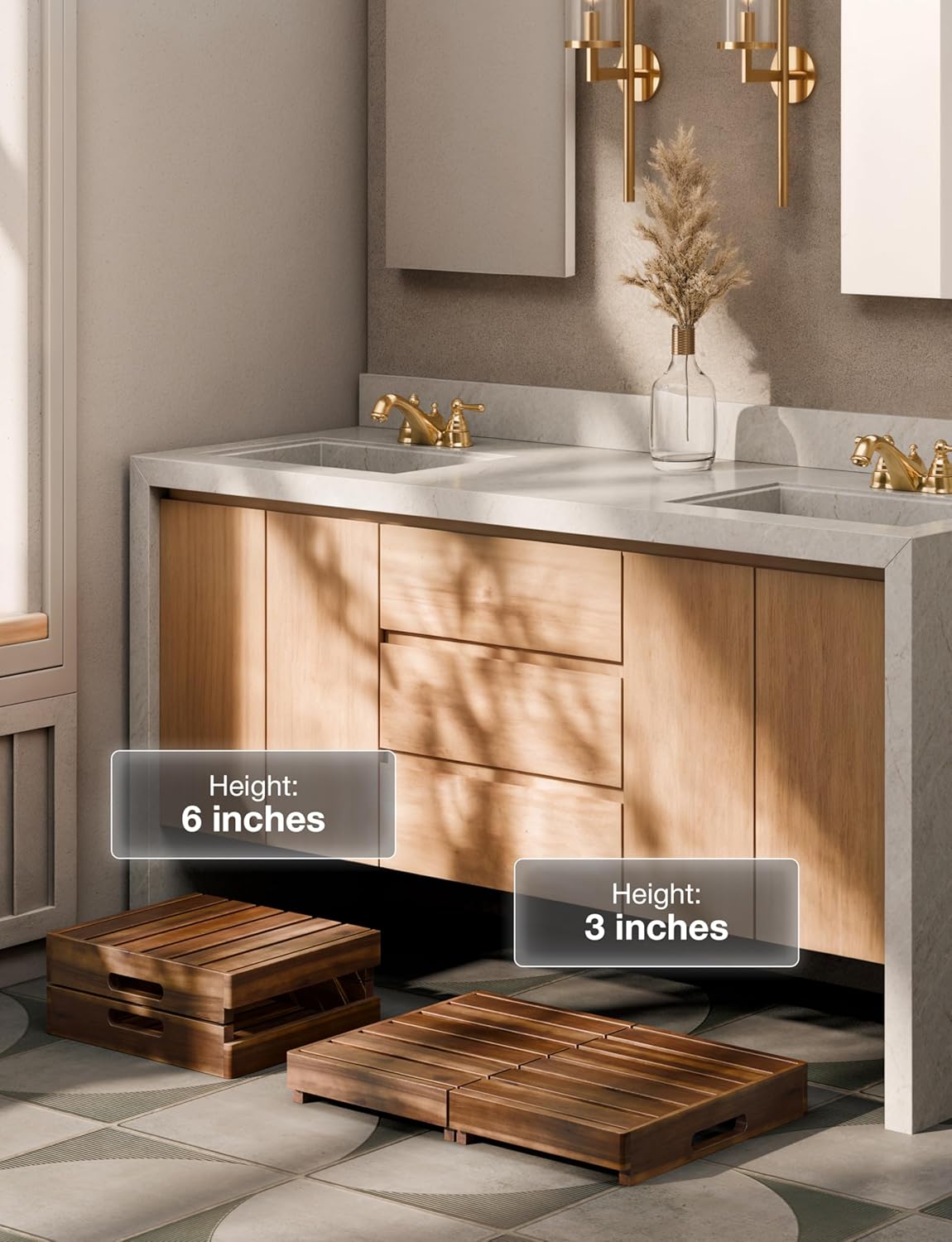 HOLANA 25in Wood Step Stool for Adults - Foldable Stepping Stool for Adults, Half Steps for Seniors - Acacia Wood Platform, Mobility Step - Wooden Platform 400 Lbs, Integrated Handles (Walnut Color)