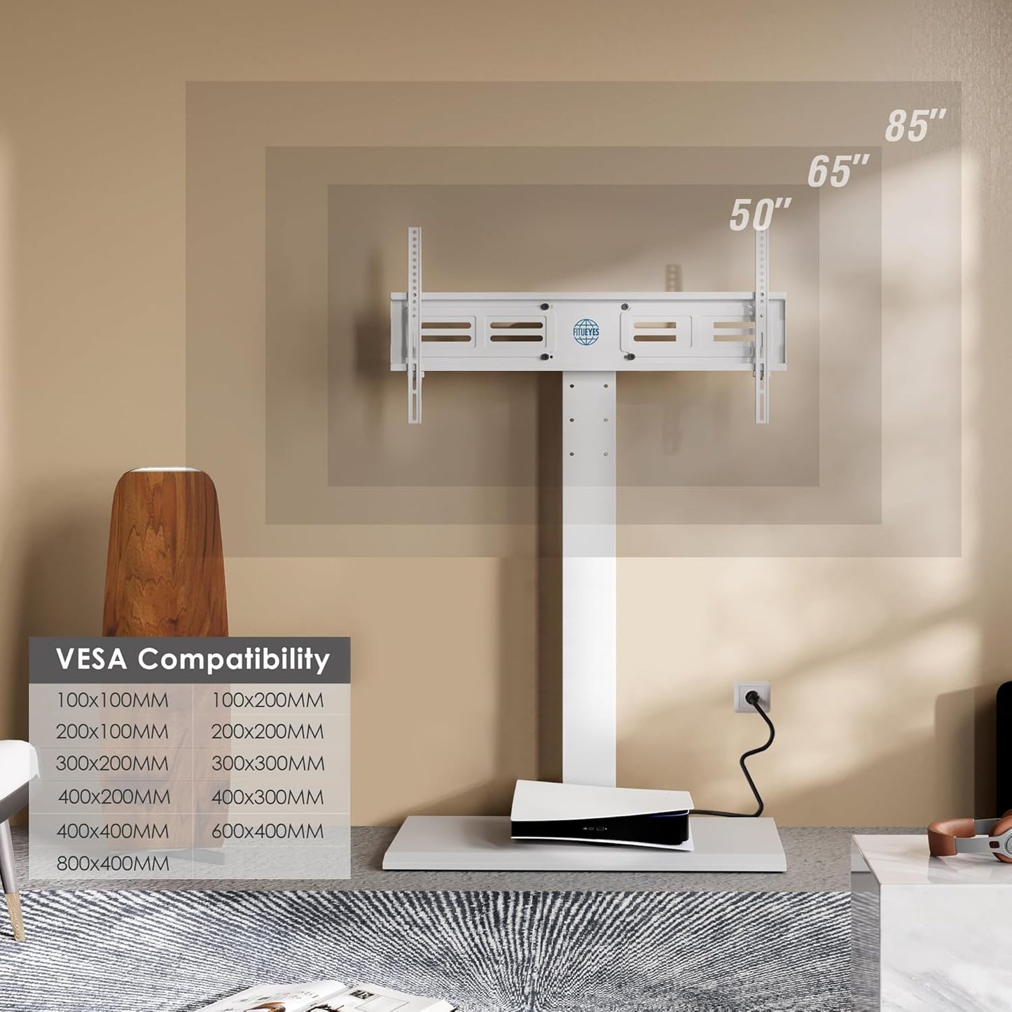 FITUEYES Iron Base Floor TV Stand with Power Strip, Tall TV Stand with Swivel Mount for 50-85 Inch Plasma Flat Panel or Curved Screen TVs Height Adjustable Wire Management MAX VESA 800x400 mm