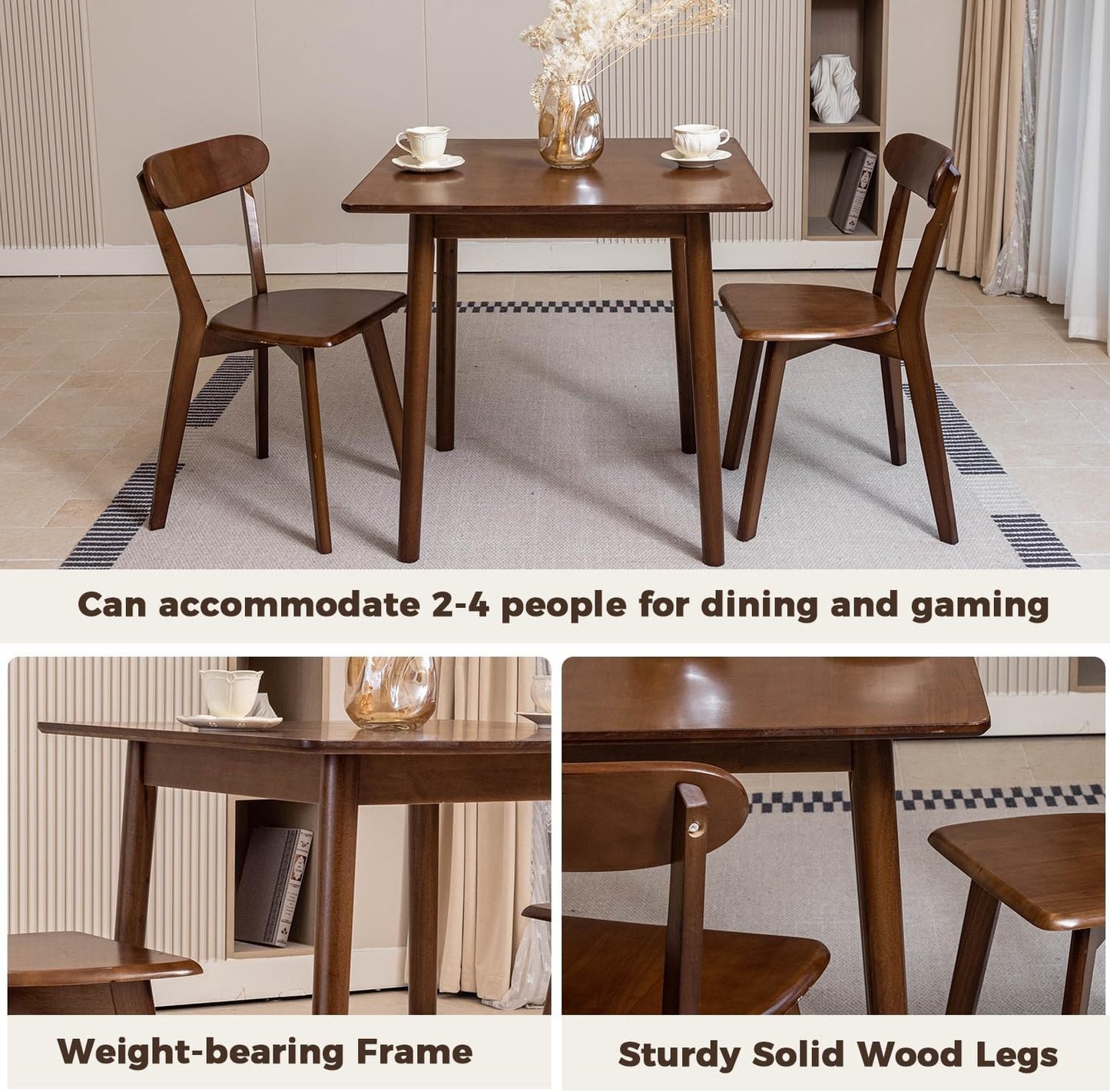 DELAVIN 29.5" Solid Wood Dining Table, Modern Small Dining Table, Square Farmhouse Kitchen Table, Cafe Table for Living Room Dining Room, Easy Assembly, Walnut