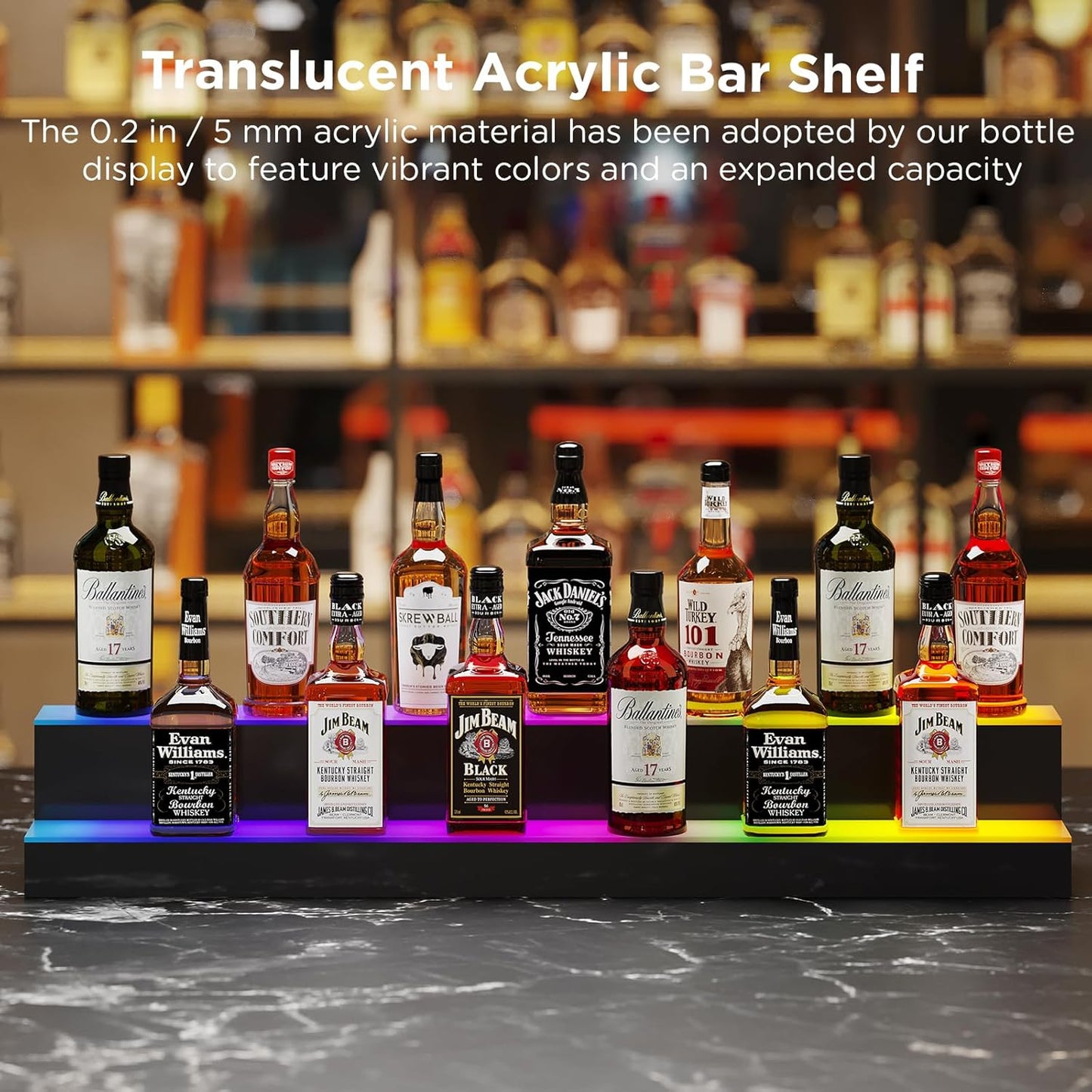 Dethan 2 Tier 48 Inch LED Lighted Liquor Bottle Display Shelf - Illuminated Wine Racks with Multi-Color App & Remote Control, Adjustable Brightness & Sound Modes, Acrylic Bar Shelves for Club Displays