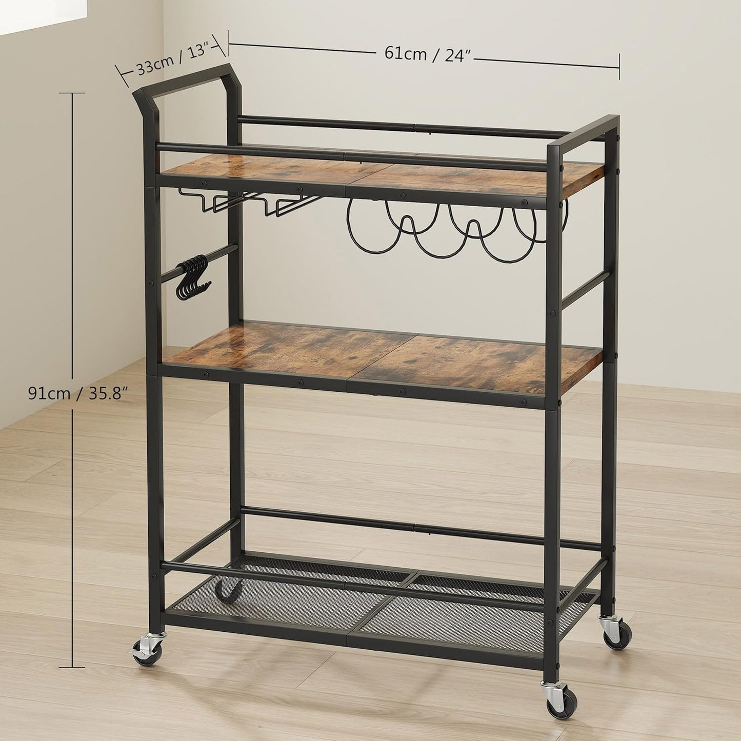 3 Tier Bar Cart, Home Bar Serving Cart with Wheels, Small Rolling Beverage Cart with Glass Holders, Mini Drink Cart with Wine Rack for Kitchen Dining Living Room Rustic Brown GBC507R