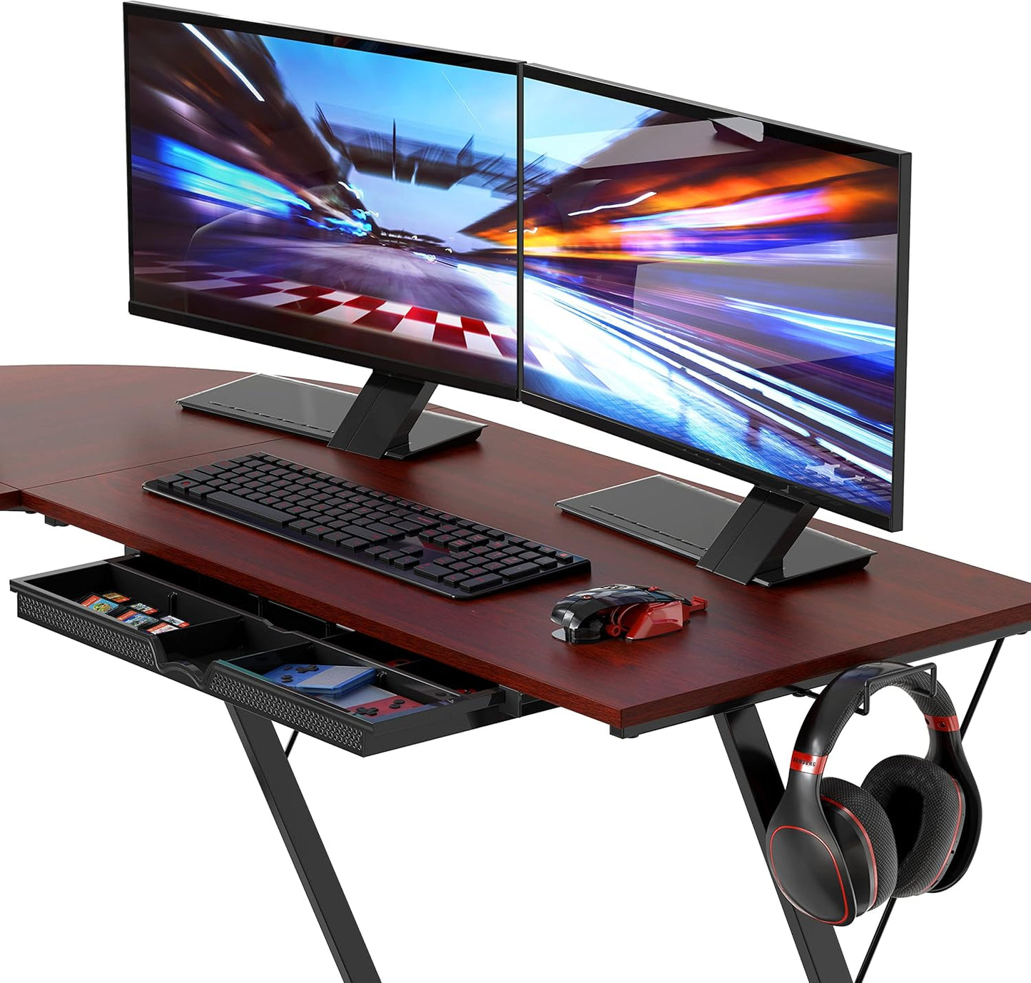 SHW 51 x 51 Inches Vista L-Shaped Desk with Monitor Stand and Drawer, Cherry