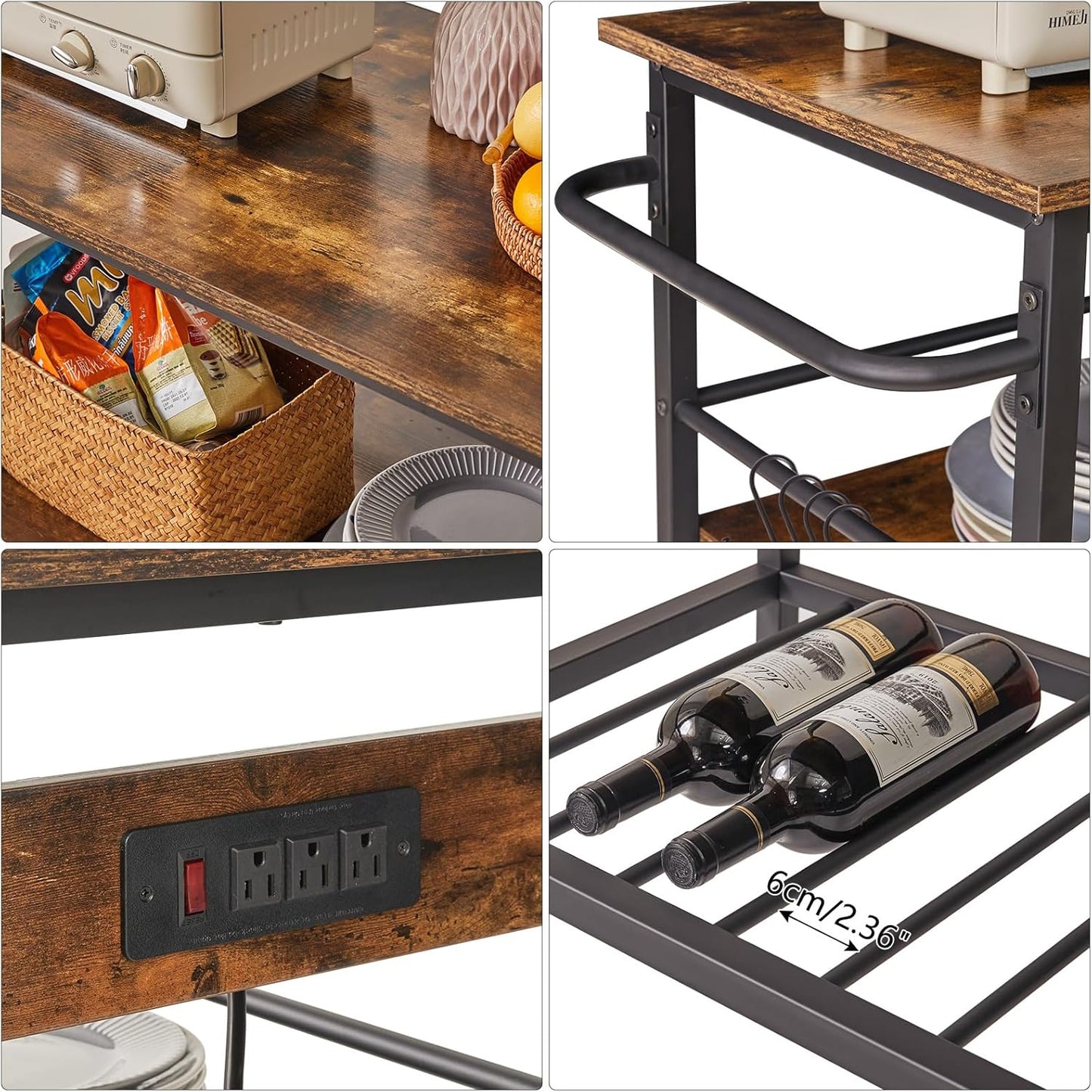 IBUYKE Kitchen Island with 3 Shelves, Island Table for Kitchen with Power Outlet,Kitchen Cart with Large Worktop,Rolling Bar Cart for Home, Outdoor, Kitchen TMJ024H