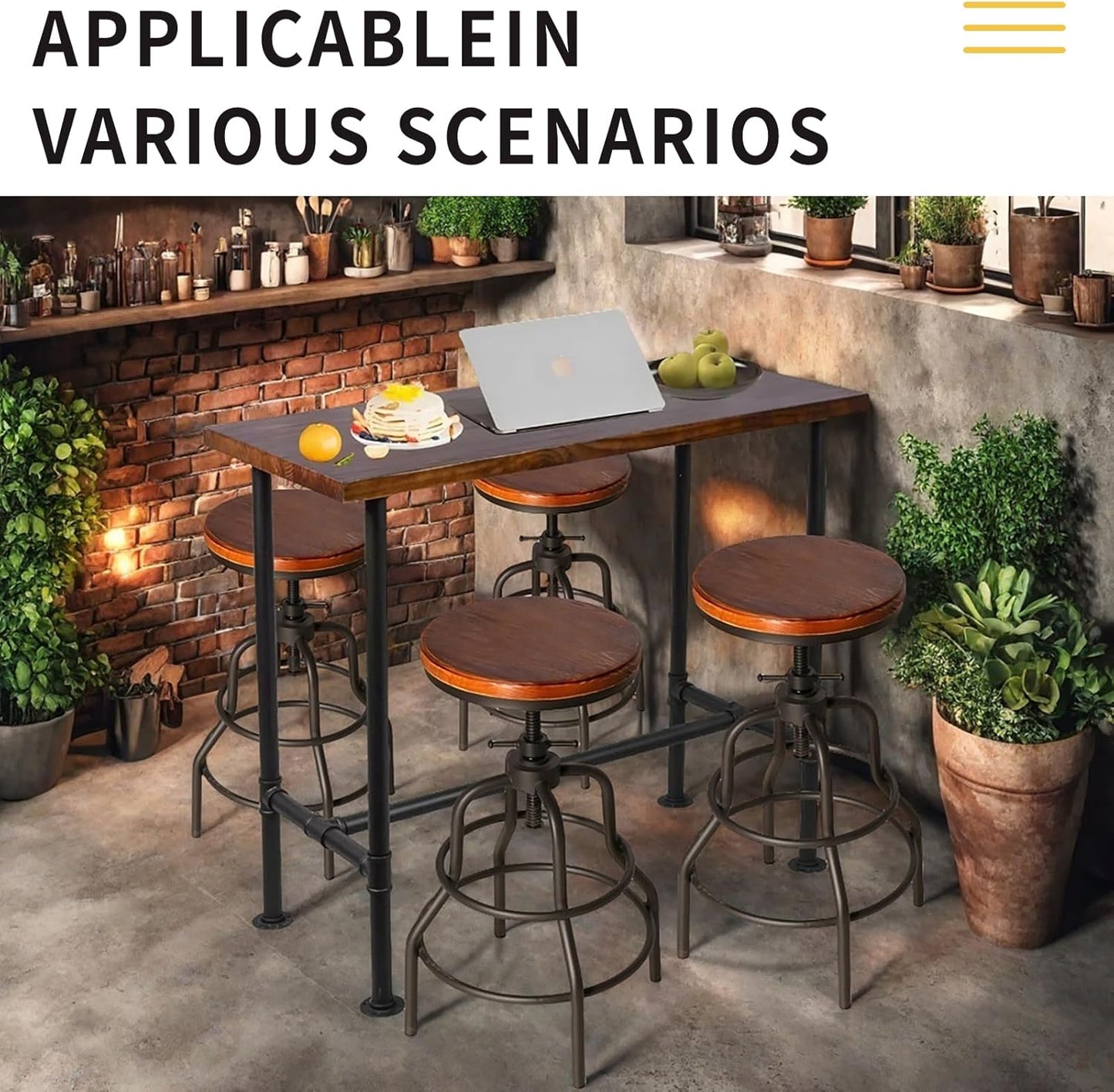 LOKKHAN Vintage Industrial Barstools - 13.8" Dia Round Wooden Brown Seat - Black Metal Base - Adjustable Height: 23.6"-29.5" / Minimalist Design/Raw Rustic Look/Rotating Top Bar Chairs, Set of 4