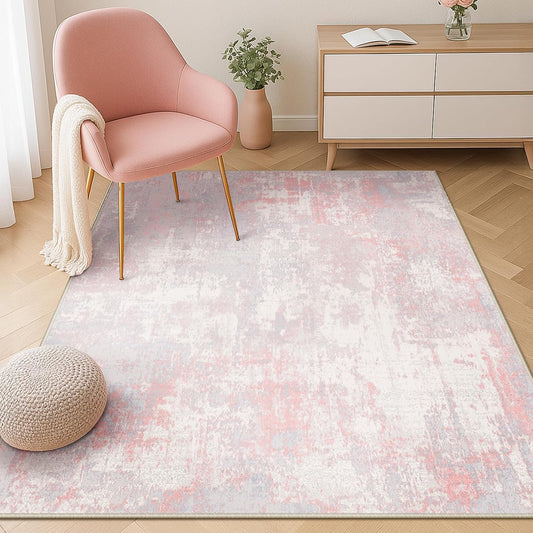 Washable Area Rugs 4'x6' Non-Slip Modern Abstract Soft for Living Room Entryway Bedroom Nursery, Print Pattern, Grey Pink