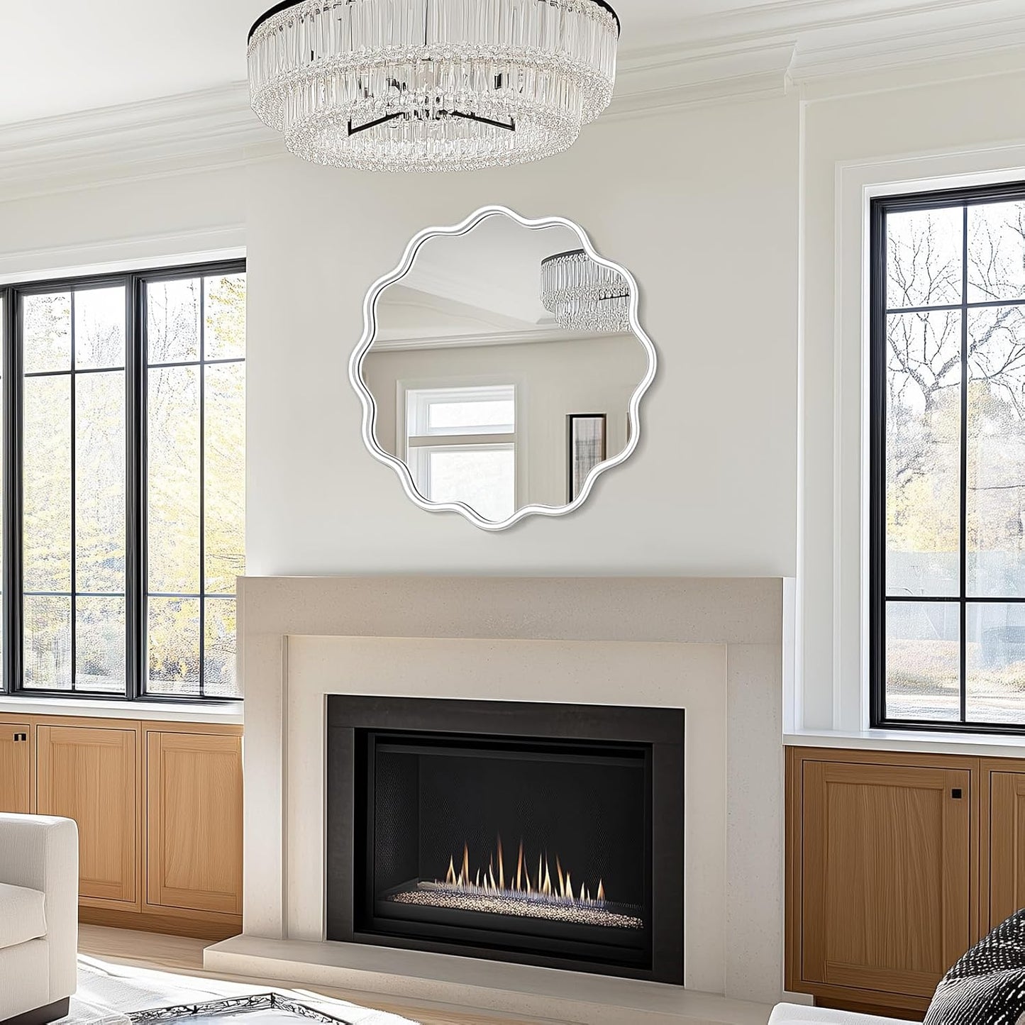 PROHOMEWARE White Round Mirror 24 Inch Wavy Bathroom Vanity Mirror White Frame Modern Wall Mirror Decorative Wall-Mounte Anti-Rust, Tempered Glass