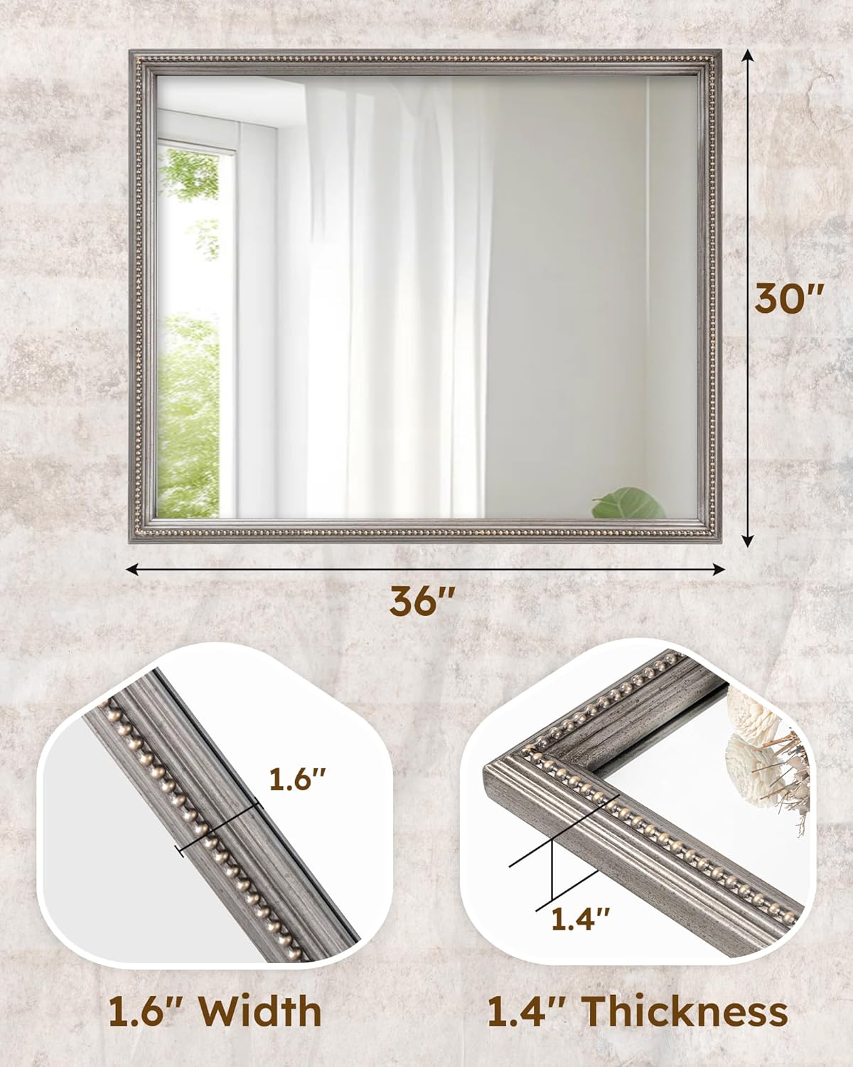 Axeman 30x36 Wood Wall Mirror, Rustic Bathroom Mirror, Vintage Wall Mounted Mirror Tempered Glass with Beaded Wooden Frame for Farmhouse Living Room Vanity Bedroom Entryway, Grey