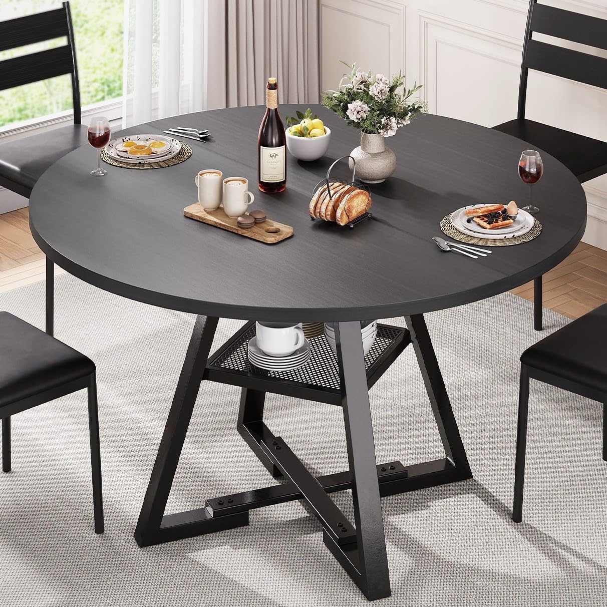 Round Dining Table for 4,Kitchen Dining Room Circle Dinner Pedestal Table,Space Saving Wood Kitchen & Dining Room Furniture (Black, 42In)